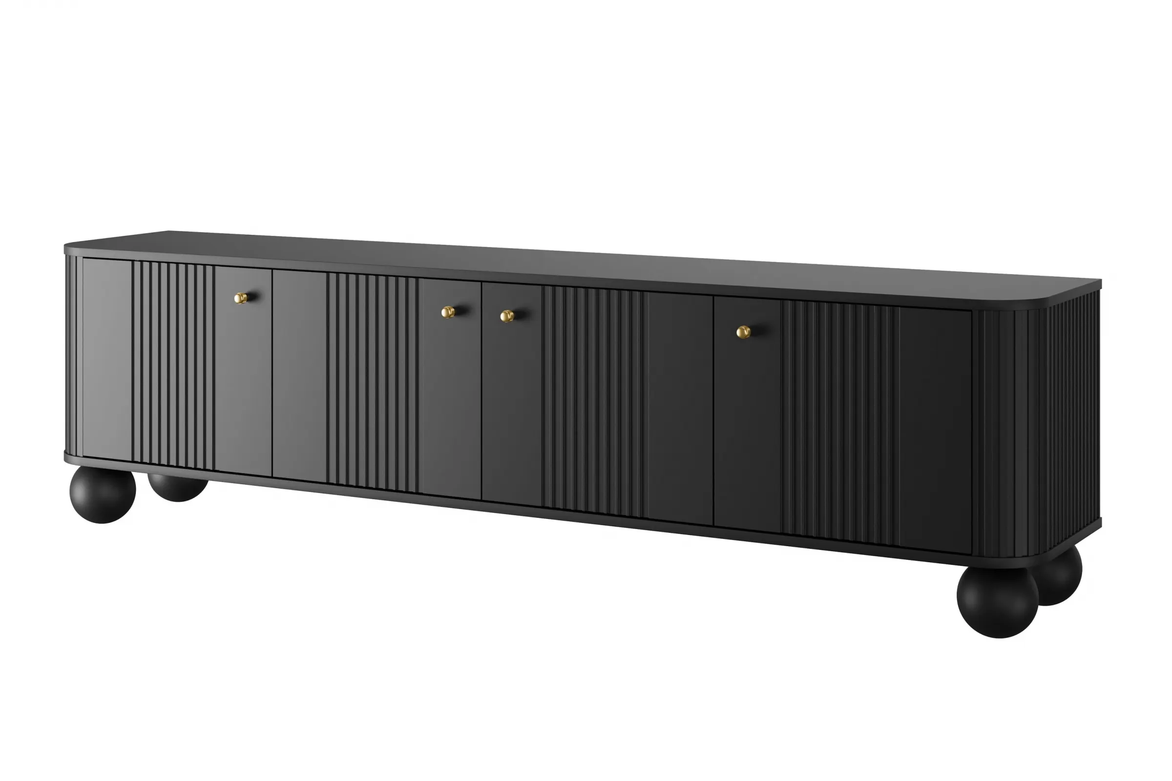 Szafka RTV 4-drzwiowa VESPER RTV 187 ryflowany front czarna złote uchwyty nogi kule Meble, Kredens, Łóżeczko, Łóżko dziecięce, Gabinet