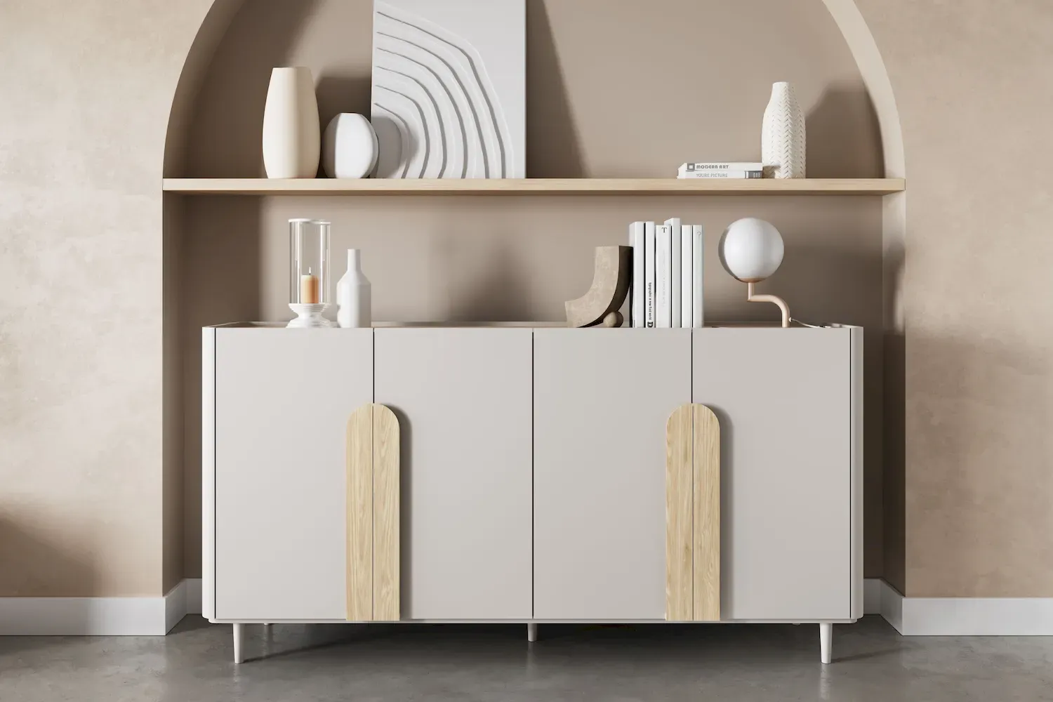 Komoda 4-drzwiowa AMILIO 200 - cashmere dąb olejowany uchwyty dąb jasny nogi cashmere - B_169215