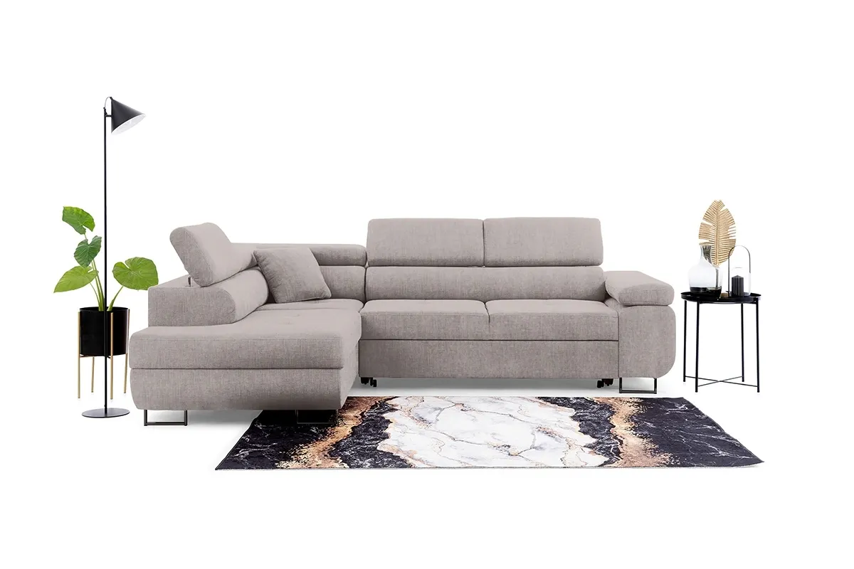 Narożnik lewostronny ANNABELLE L regulowane zagłówki nogi czarne tkanina Maya 01 beżowy - B_165788