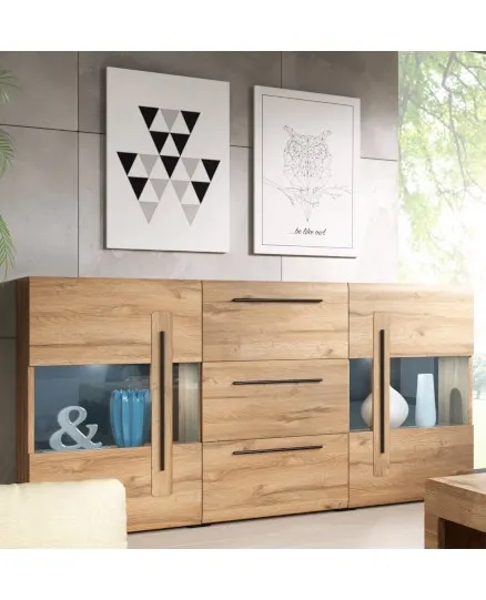 Komoda TULSA 28 dwudrzwiowa z szufladami i przeszkleniami dąb grandson czarne uchwyty 180x103x39cm - 24KZFJ28