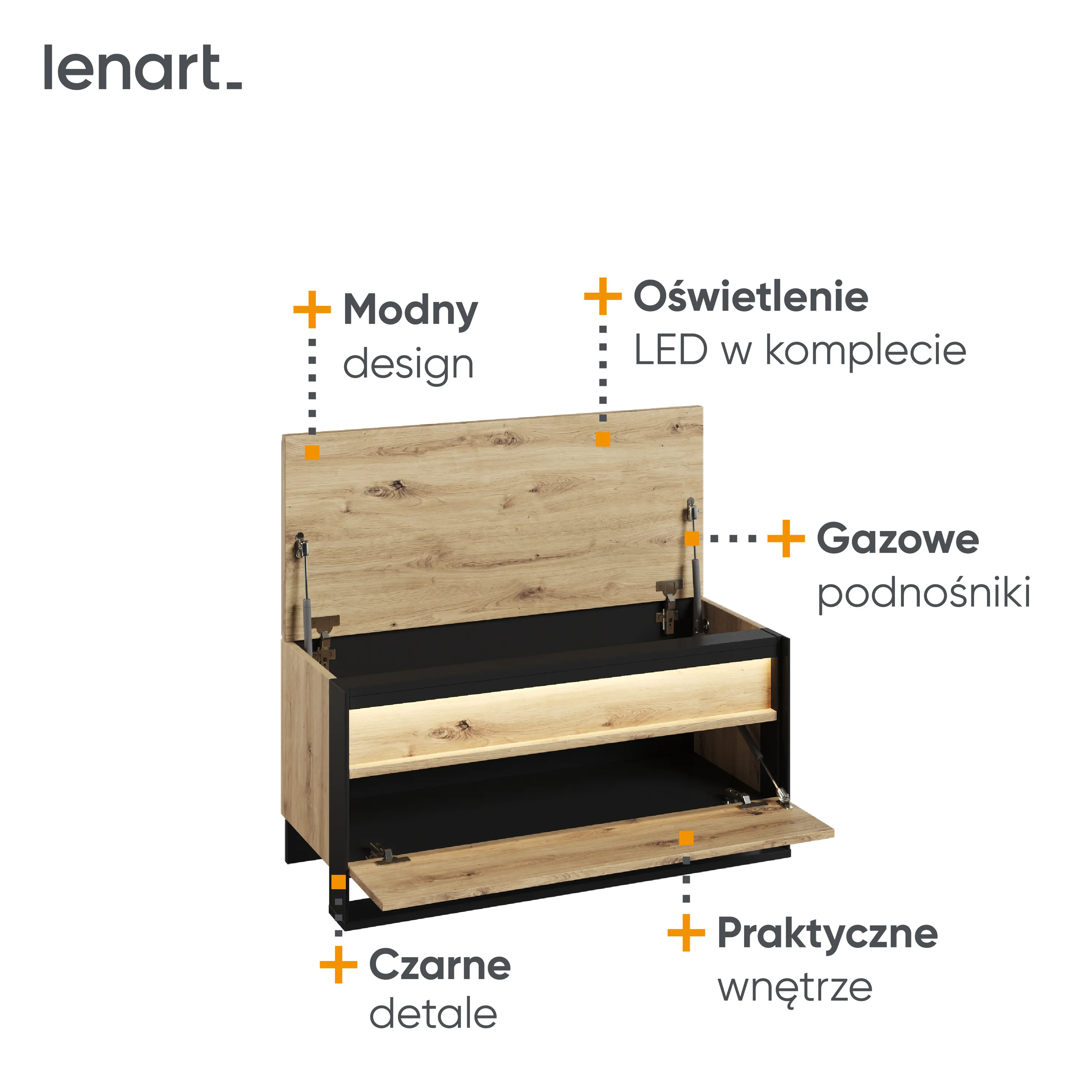 Szafka na buty z unoszonym siedziskiem LED Quant QG-03 dąb artisan/czarna - QG3DAC