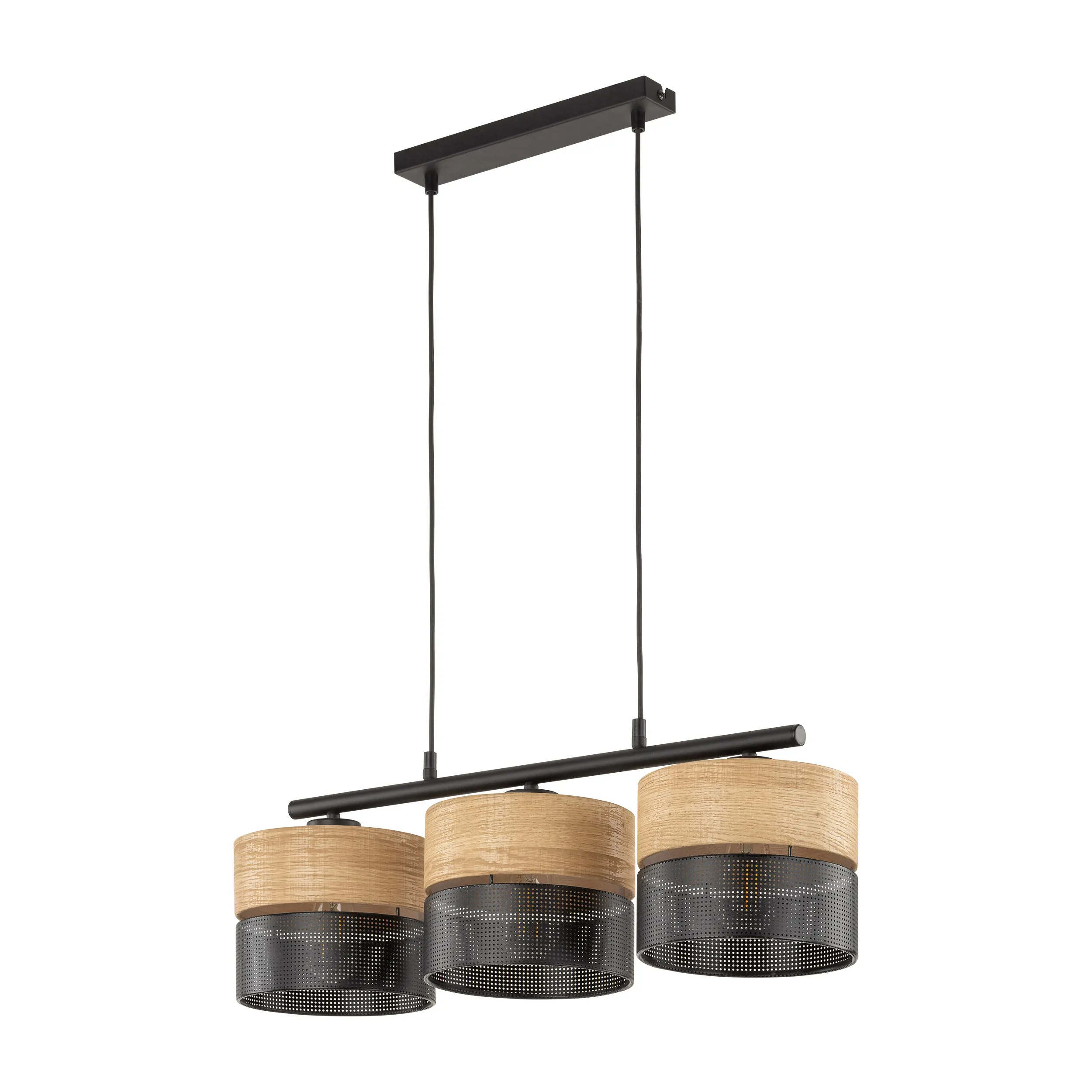 Lampa wisząca NICOL czarna z drewnianymi elementami potrójna na listwie metalowej 90x70x20cm