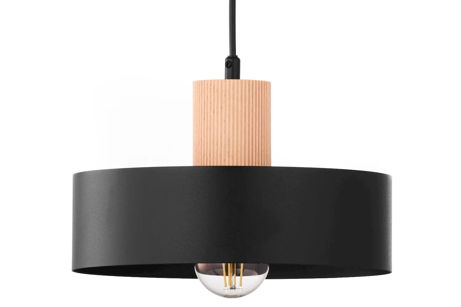 lampa wisząca, korpus metalowy, drewno, żarówka LED, czarna oprawa