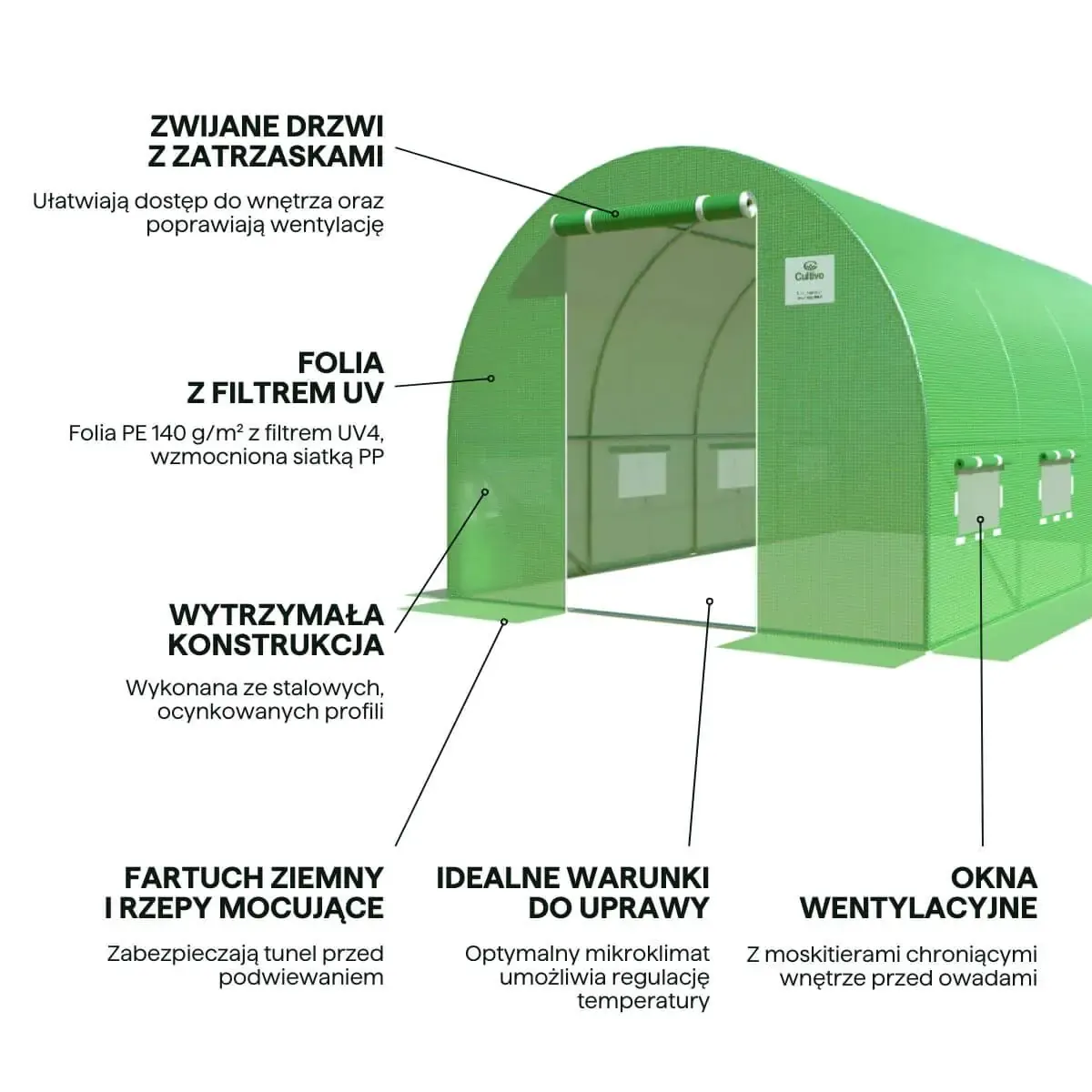 Tunel foliowy CULTIVO 2.5x4x2m (10m2) 4 sekcje zielony - FG003021