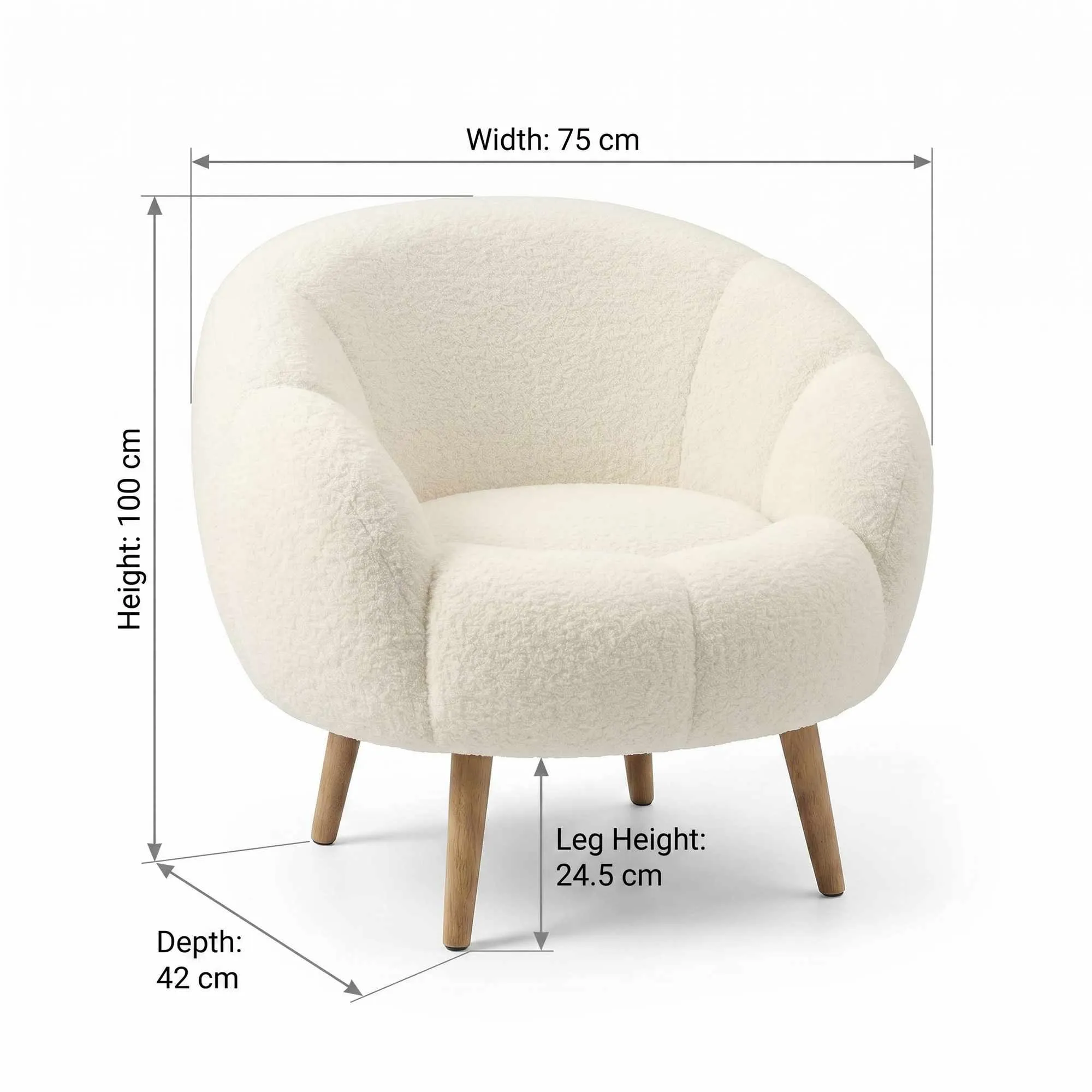 image fotel, fotel bujany, tkanina boucle, drewniane nogi, okrągły kształt