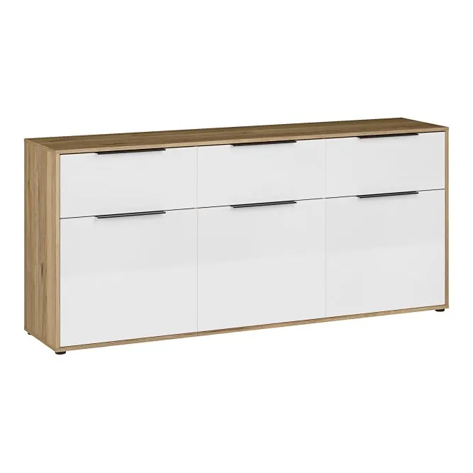 Komoda 3-drzwiowa ORKNEY z 3 szufladami 183 cm dąb mauvella biały Komoda 3-drzwiowa ORKNEY z 3 szufladami 183 cm dąb mauvella biały