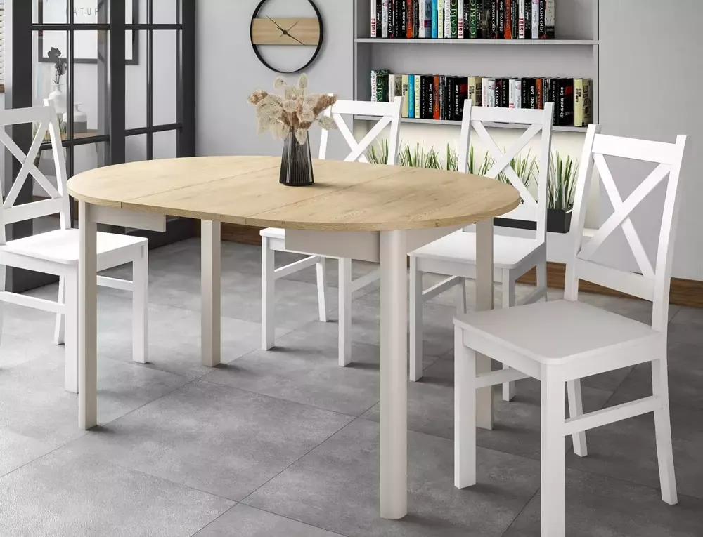 Stół rozkładany DANTE okrągły 102(144)x102 dąb cremona torro/kaszmirowy - DANTEDCTKAFI102