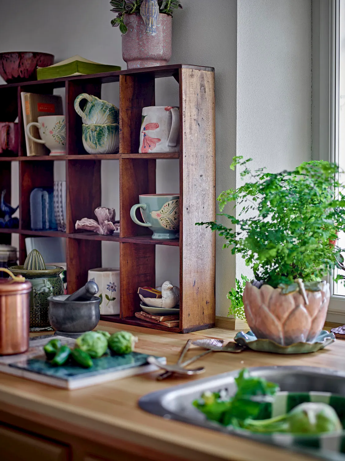regał z ceramiką, kuchnia, misy, kawiarka, zielona roślina