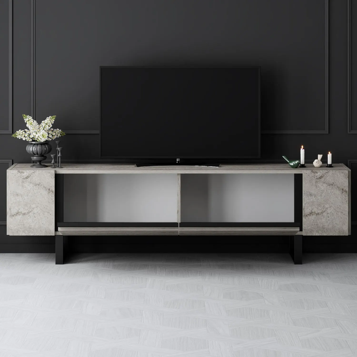 Szafka RTV z 2 klapami YILDIZ 180x30x50 cm trawertyn czarny stelaż — zdjęcie 5