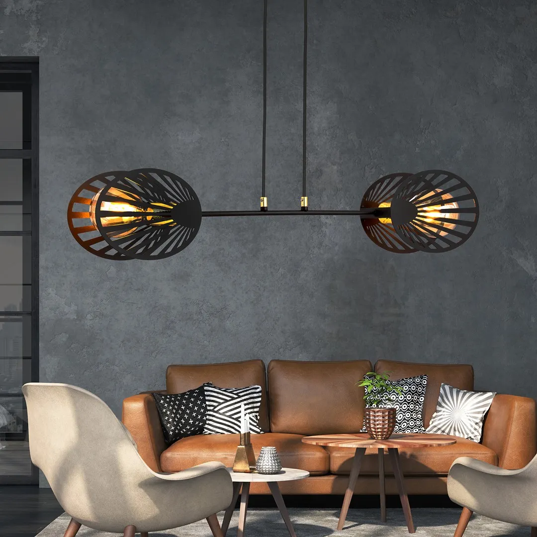 lampa wisząca, kinkiet, sofa skórzana, stolik kawowy, wnętrze nowoczesne
