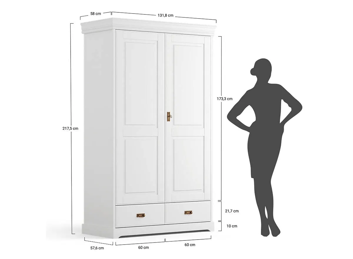 Szafa 2-drzwiowa z 2 szufladami sosnowa Toskania Kolor: biały, bejca - PL2016BS