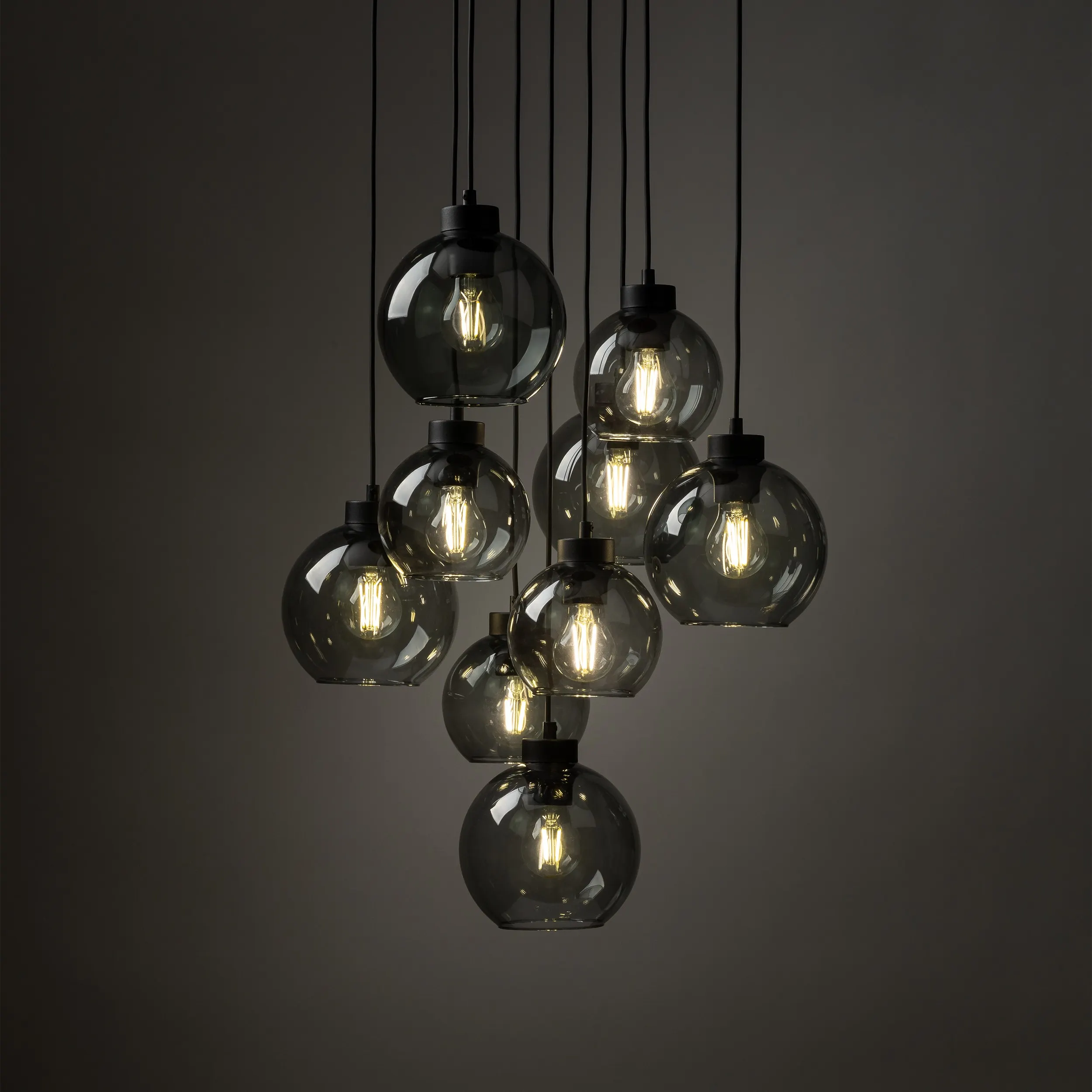 Lampa wisząca CUBUS czarna z szarymi szklanymi okrągłymi transparentnymi kloszami 140x58cm - TK_10208