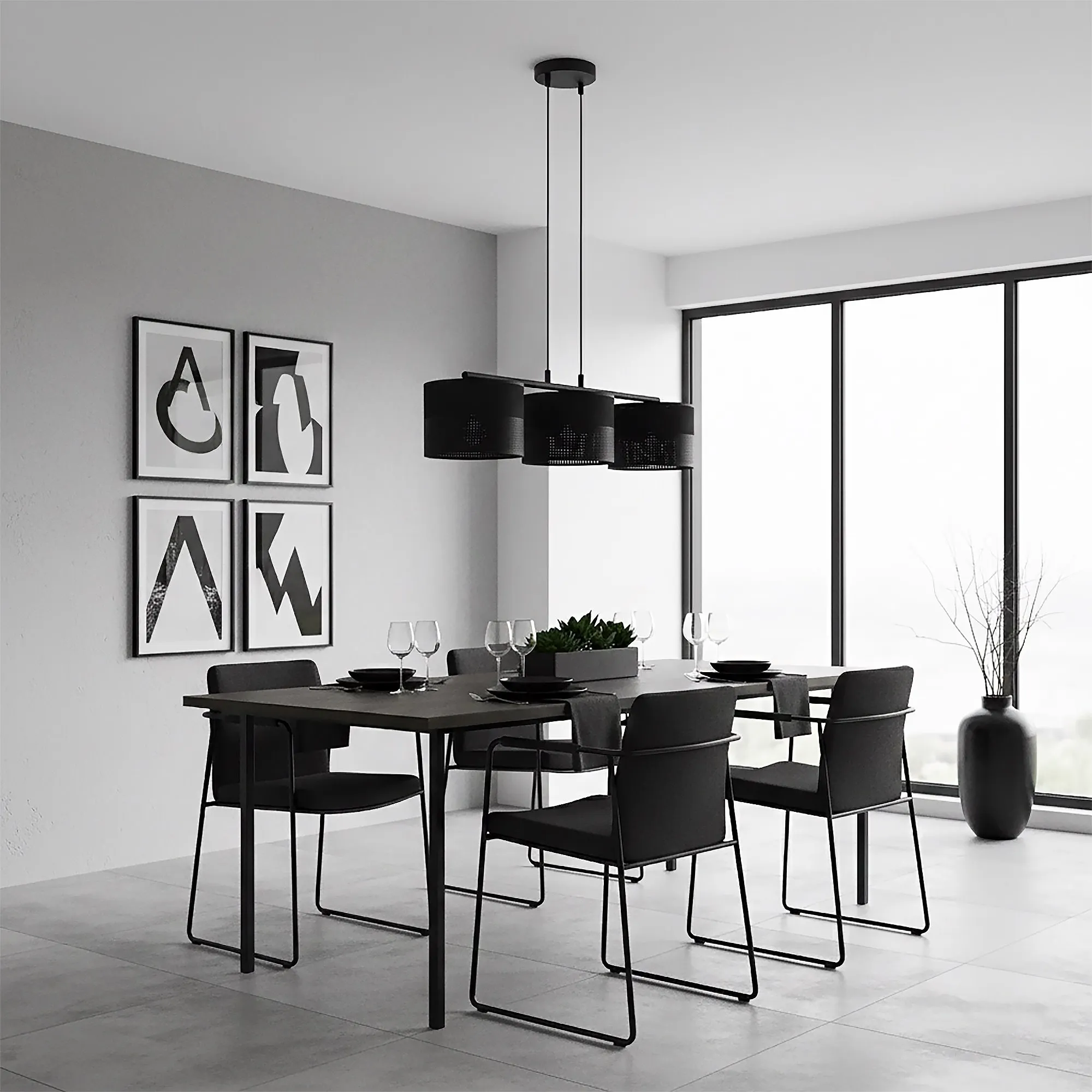 image stół, zestaw stołowy, czarne krzesła, wiszące lampy, nowoczesny design