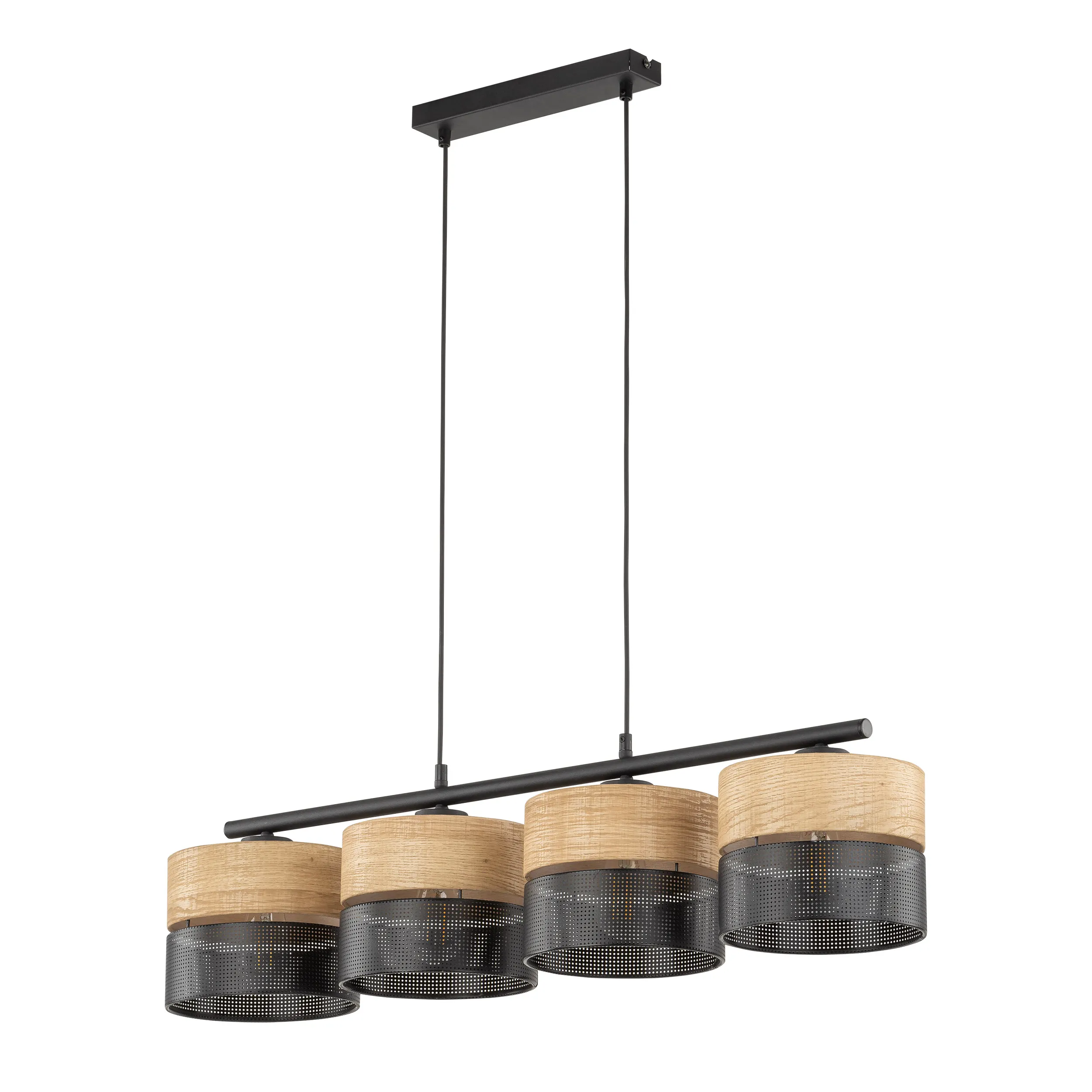 Lampa wisząca NICOL czarna z drewnianymi elementami poczwórna na metalowej listwie 95x20cm