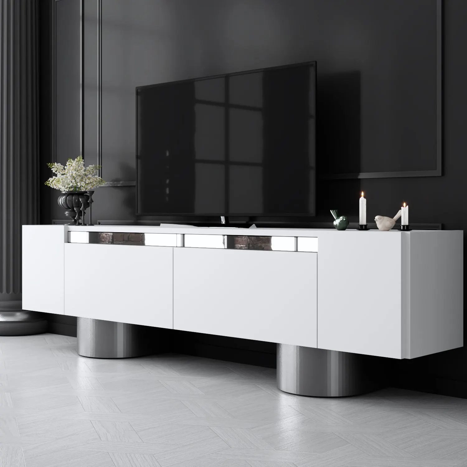 Szafka RTV z 2 klapami na blaszanych nogach BOHEM 180x50x30 cm biały srebrny - ASI_618BLY1264