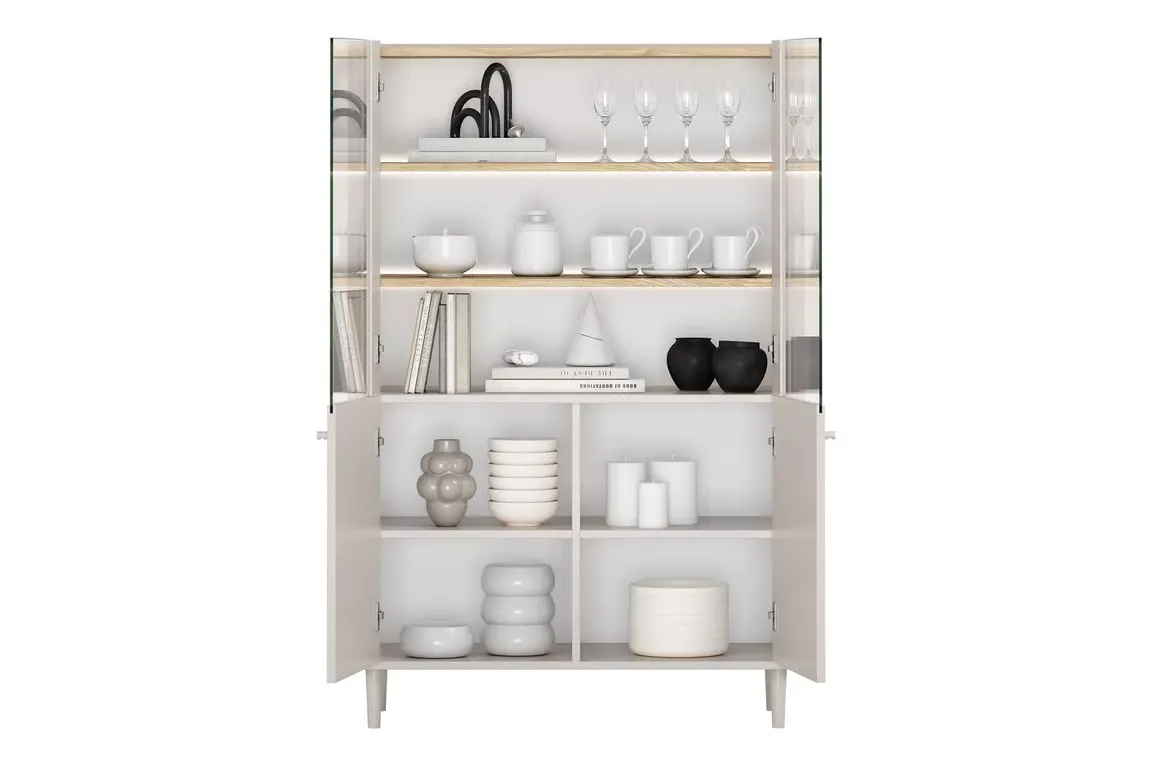Witryna 2-drzwiowa z oświetleniem ELIVO 100cm drewniane nóżki cashmere dąb olejowany — zdjęcie 6