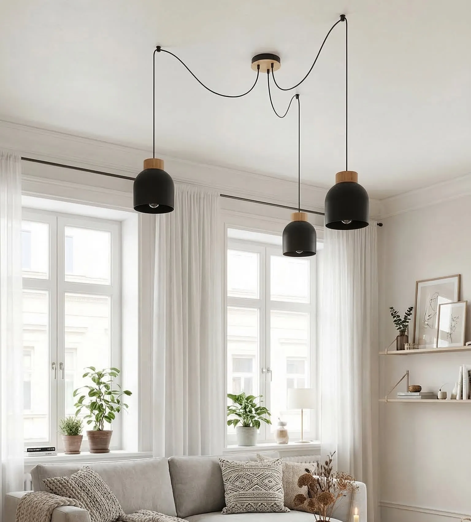 lampa wisząca, czarna lampa, konstrukcja zawieszenia, drewniane elementy, połysk matowy