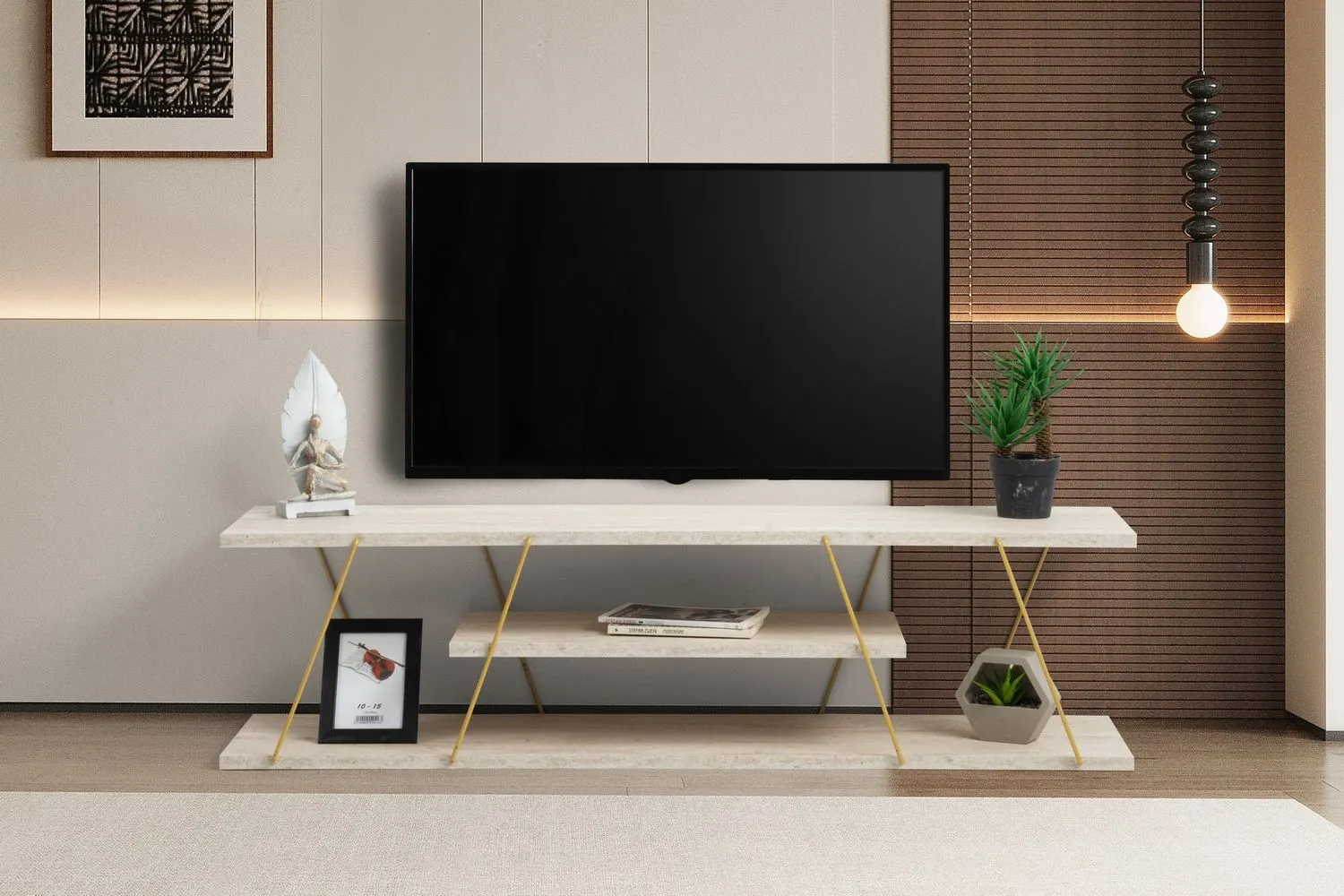 Stolik RTV z półką CANAZ V2 120 cm trawertyn złoty stelaż