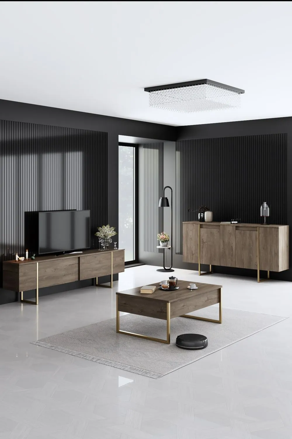 Komoda drewniana 4-drzwiowa LUXE 160 cm kolor orzechowy złoty stelaż — zdjęcie 8