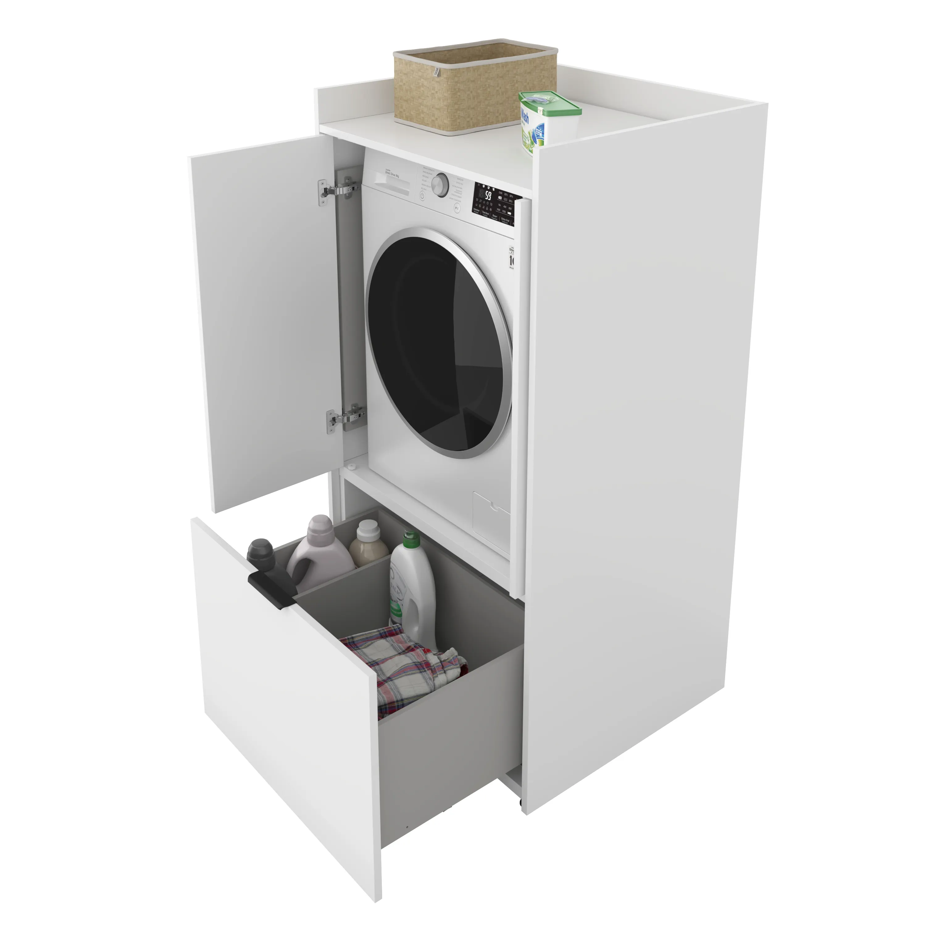 image pralka, frontowy wsad, obudowa zmywalna, szafa z pralką, półka z bębnem