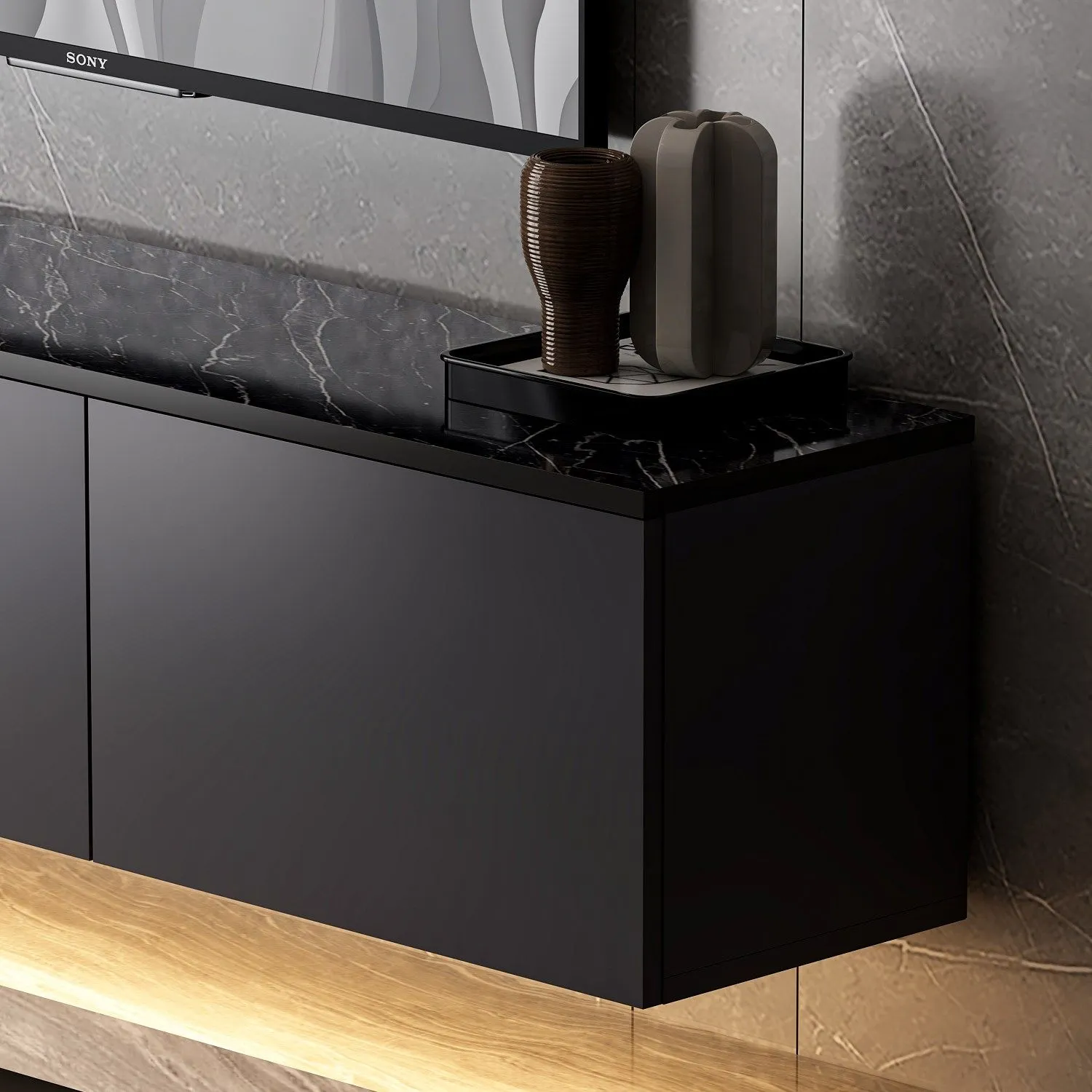 Szafka RTV wisząca 3-drzwiowa NEON ILLUMINATED 160 cm antracytowa - ASI_382NRC1127