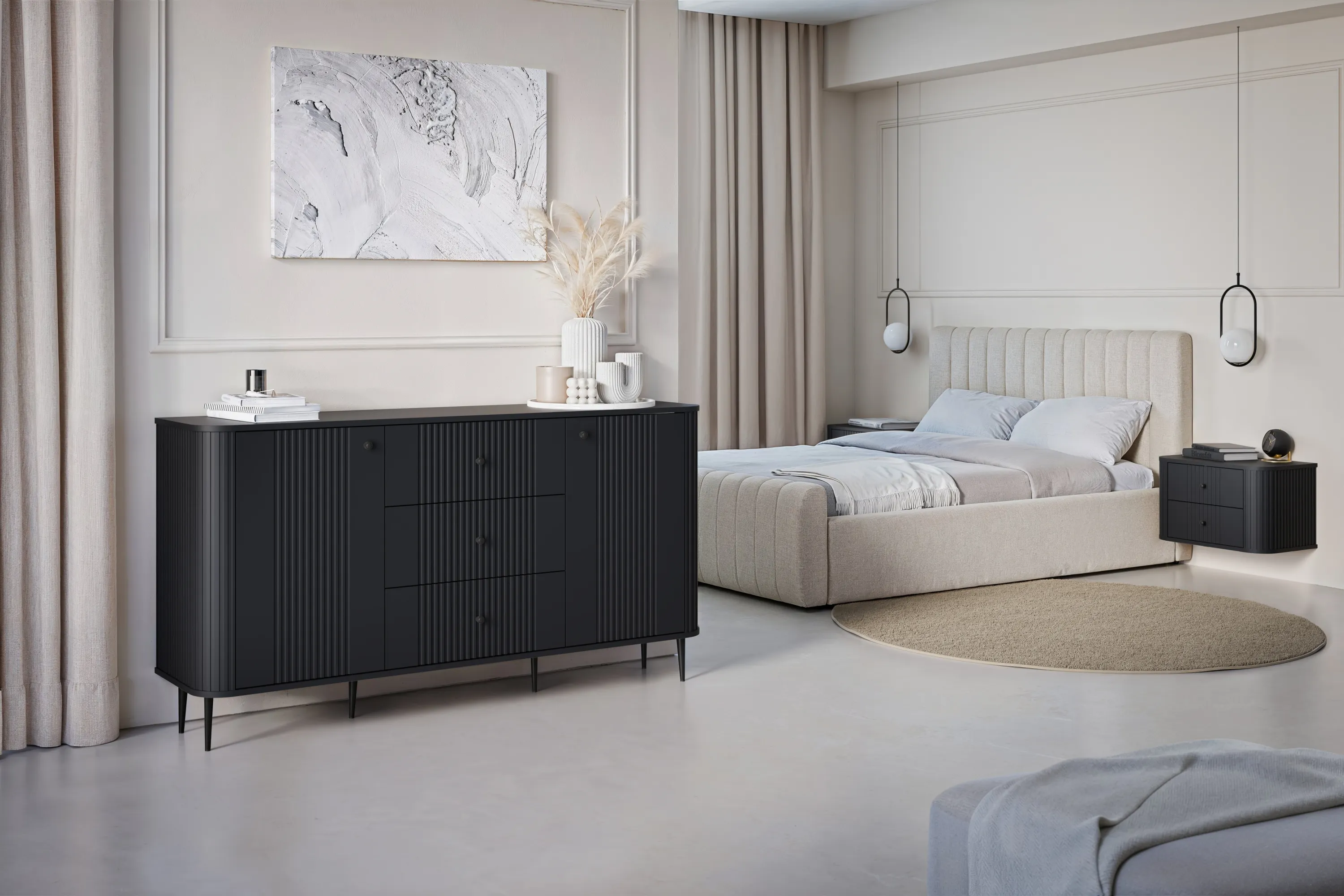 Komoda 2-drzwiowa z 3 szufladami VESPER 160 ryflowany front czarna czarne nogi - B_163613