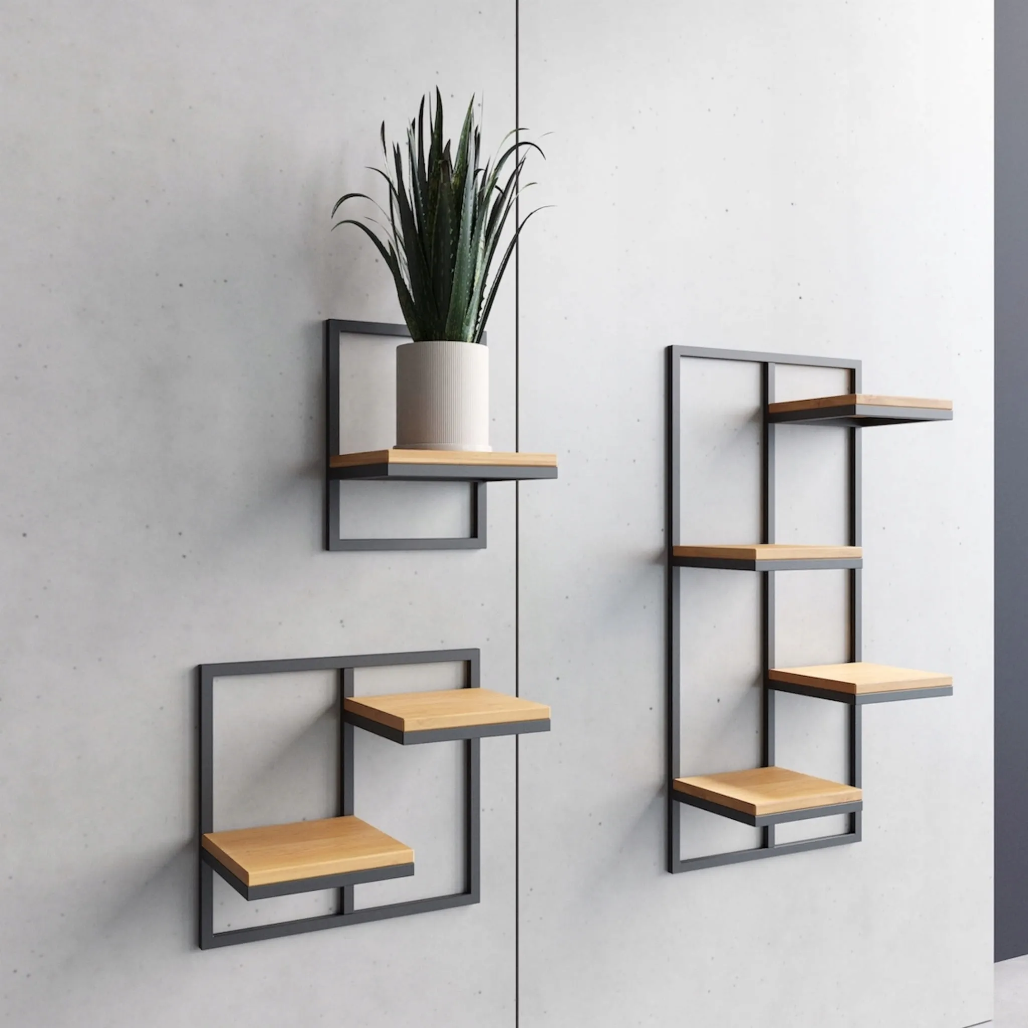 Kwietnik wiszący LENS L metal drewno czarny naturalny - LD_TZ000086