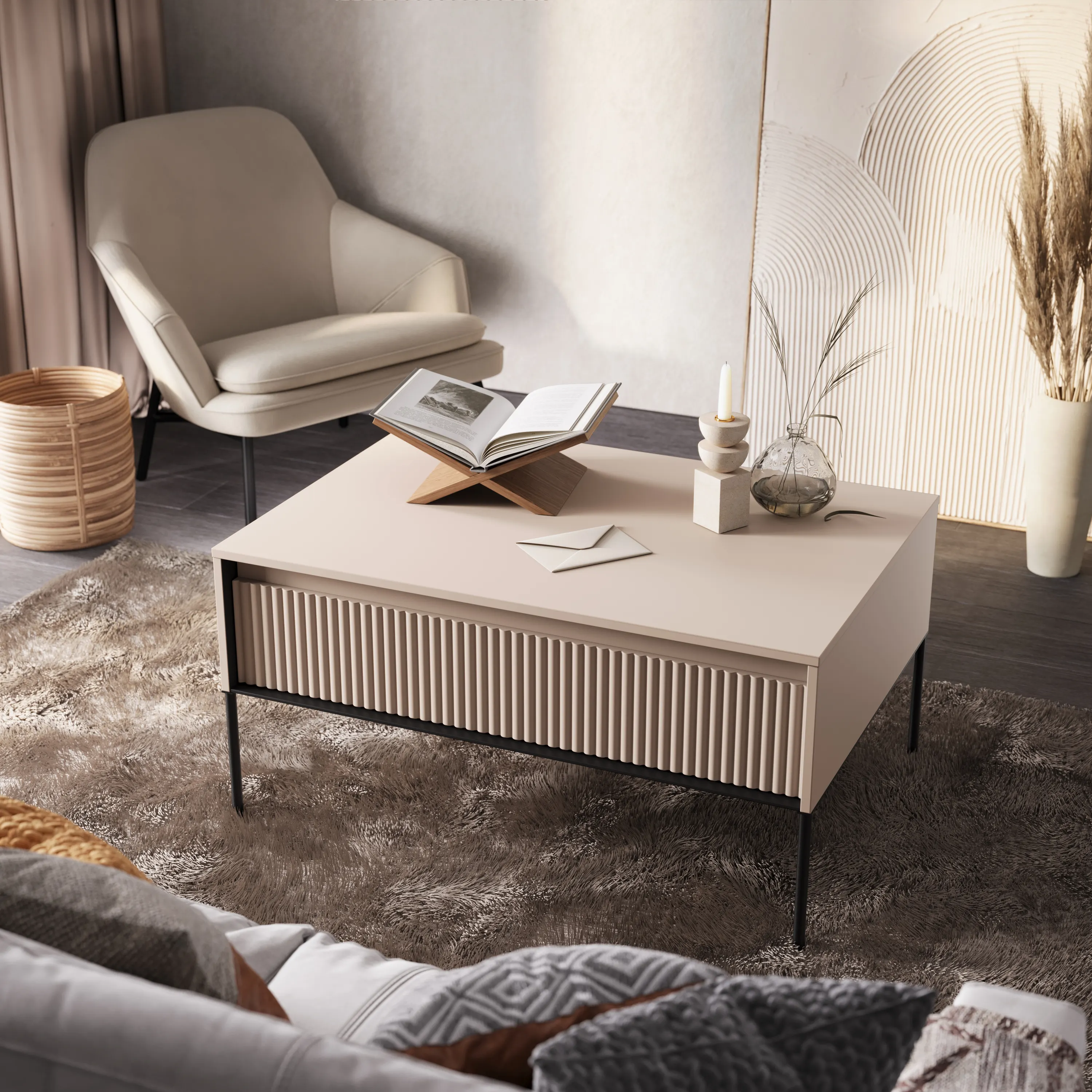 Stolik kawowy ryflowany TREND TR-09 100x70 beżowo-czarny