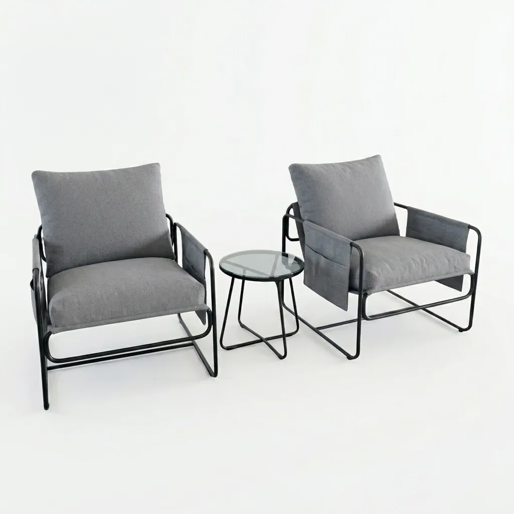image sofa, fotel, metalowy, szary, kawowy stolik