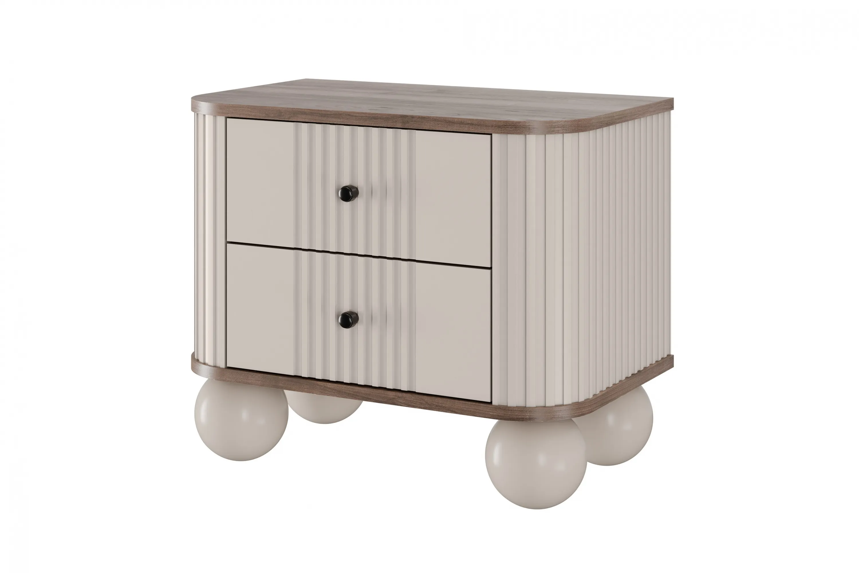 Szafka nocna z 2 szufladami VESPER 56 zestaw 2 sztuk ryflowany front cashmere orzech czarne uchwyty nogi kule - B_163839