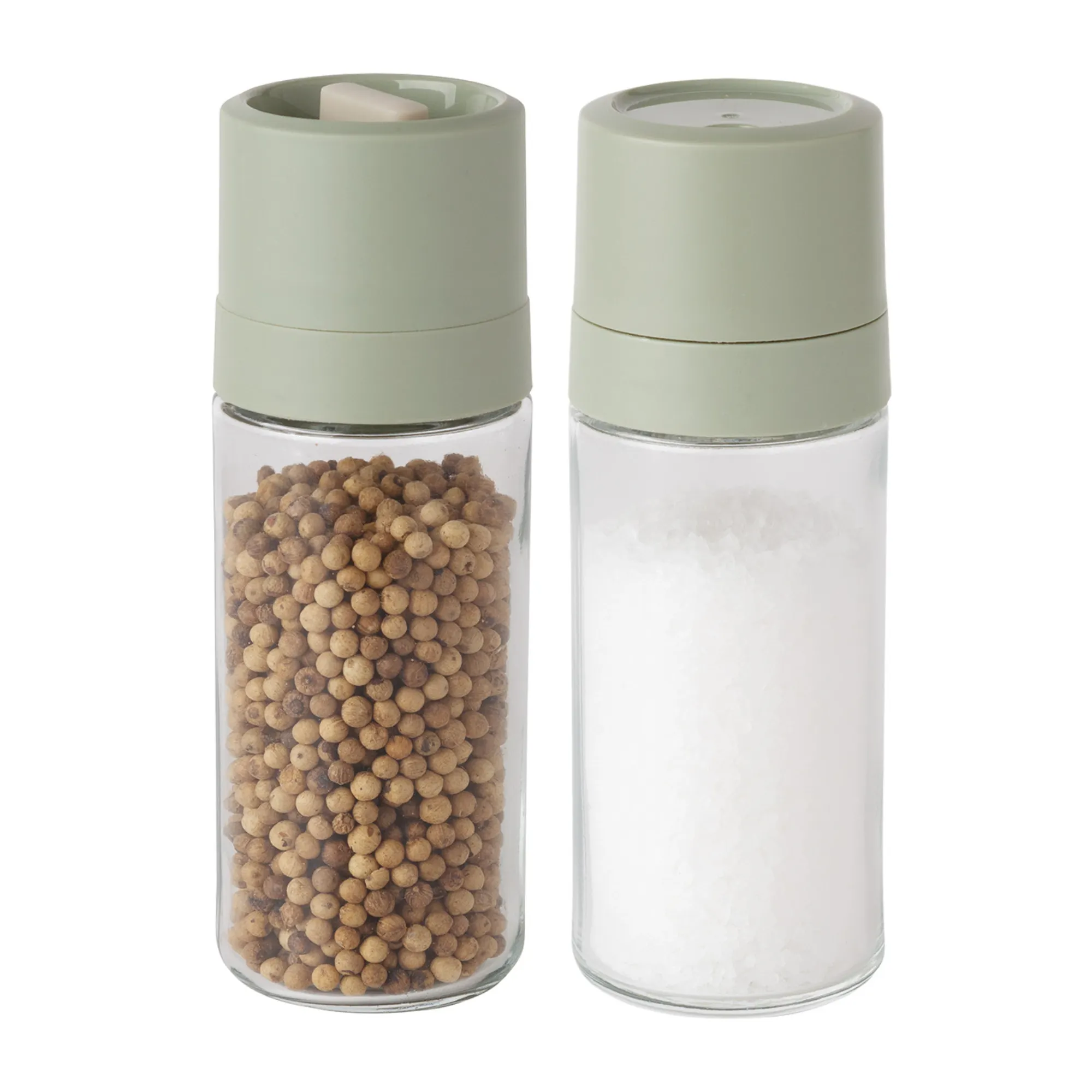 pieprz młyn, sól młyn, młynek do przypraw, przezroczysty pojemnik, zielony kolor