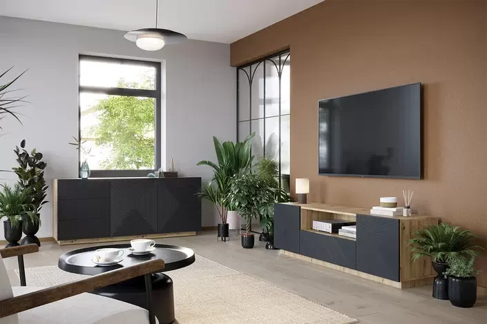 Komoda ASHA 167 z szufladami - szara - dąb artisan - ryflowany front - cokół
