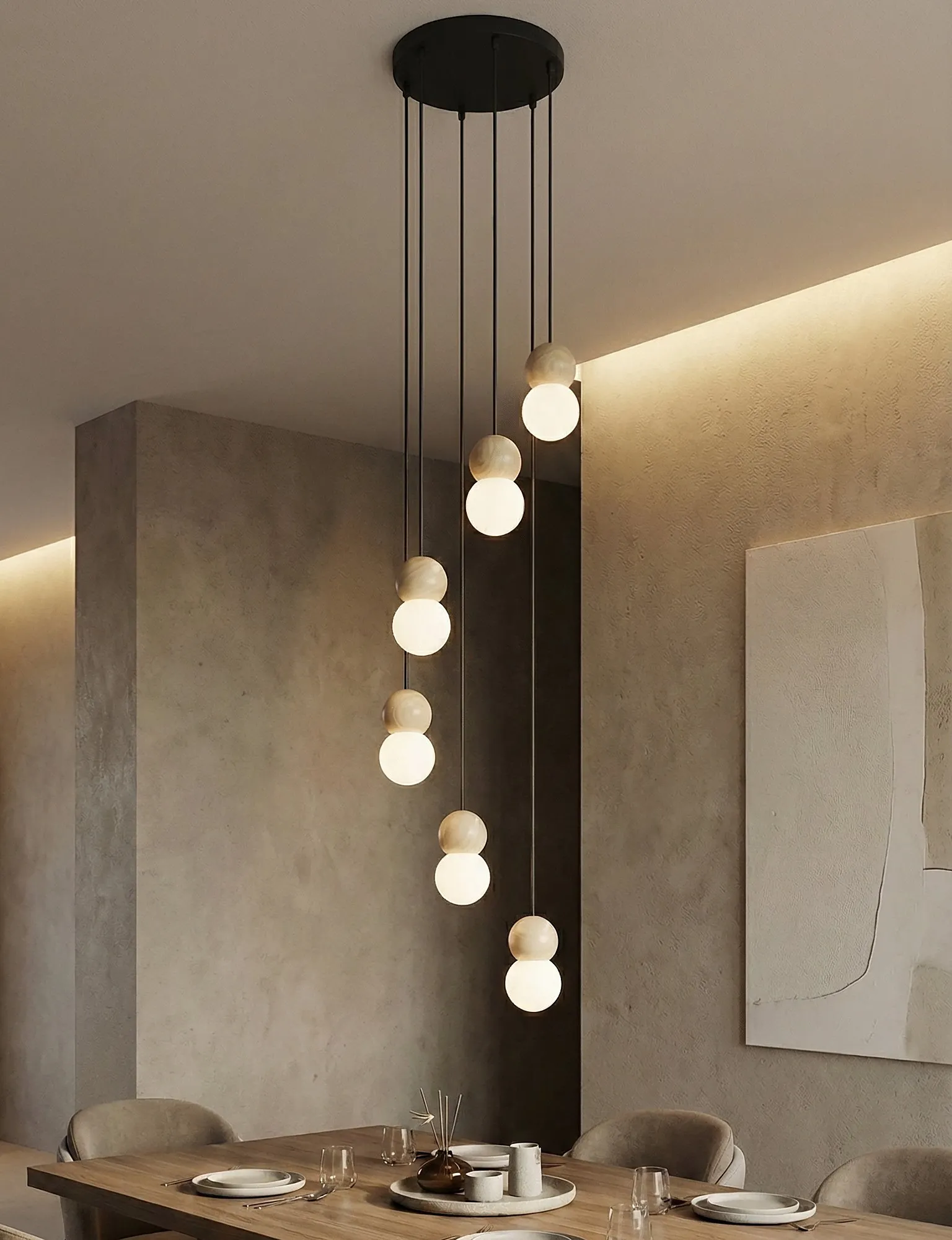 lampa wisząca, kuleczki, jadalnia, design minimalistyczny, kolor neutralny