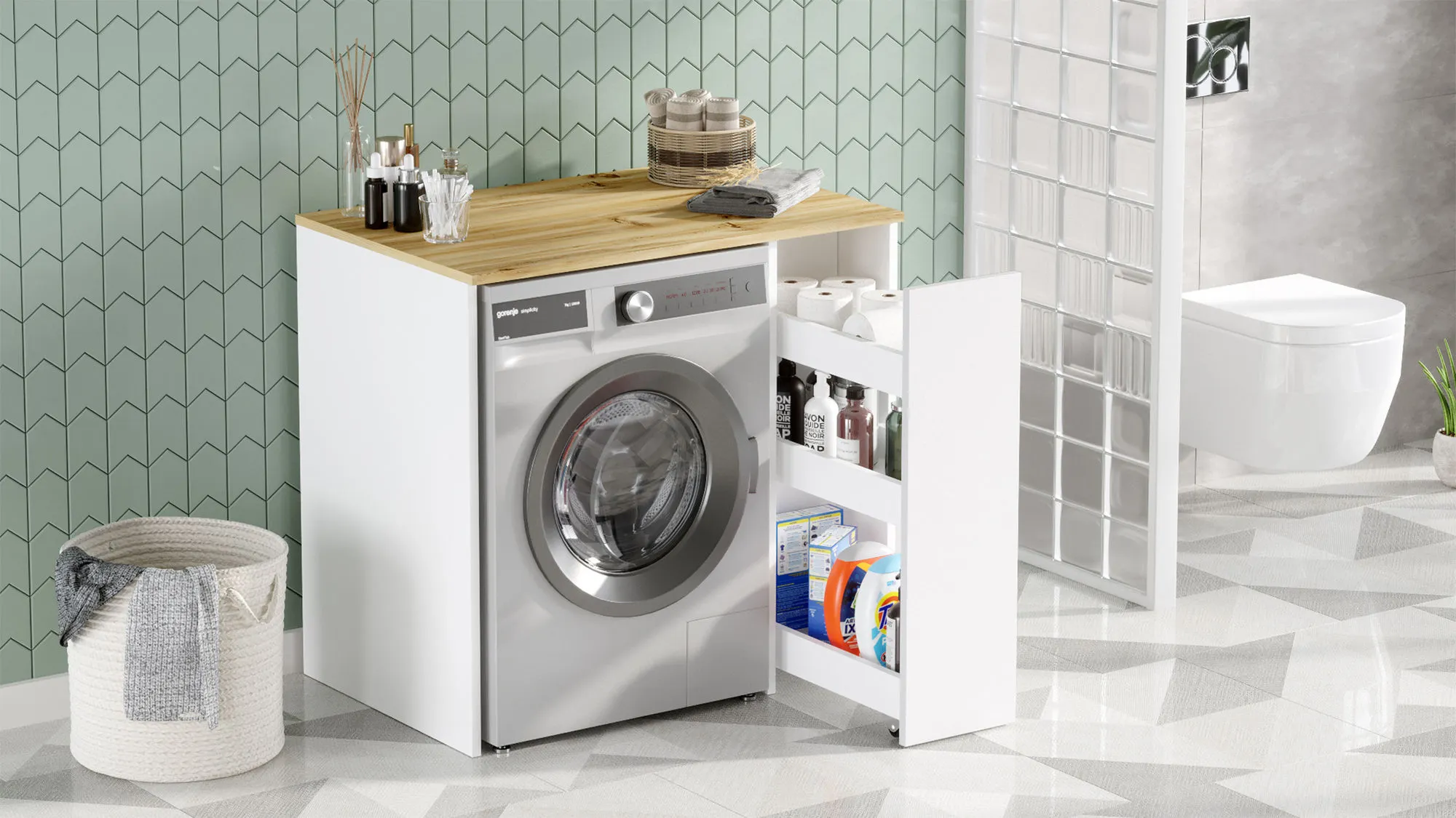 pralka, frontowy, szuflady, kombajn łazienkowy, zielone płytki