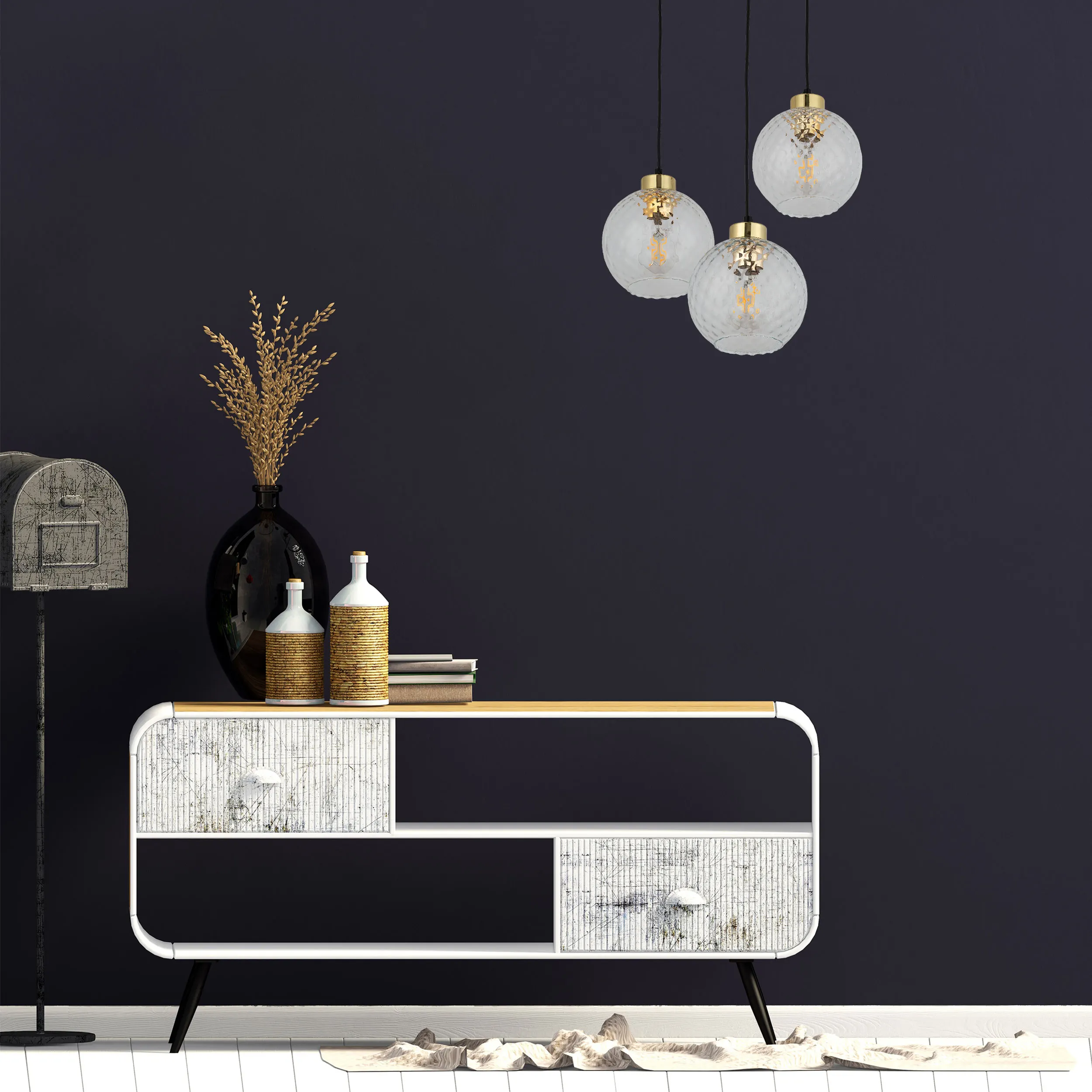 Lampa wisząca DEVON czarna ze złotymi elementami kryształowymi okrągłymi kloszami 110x42cm - TK_4586