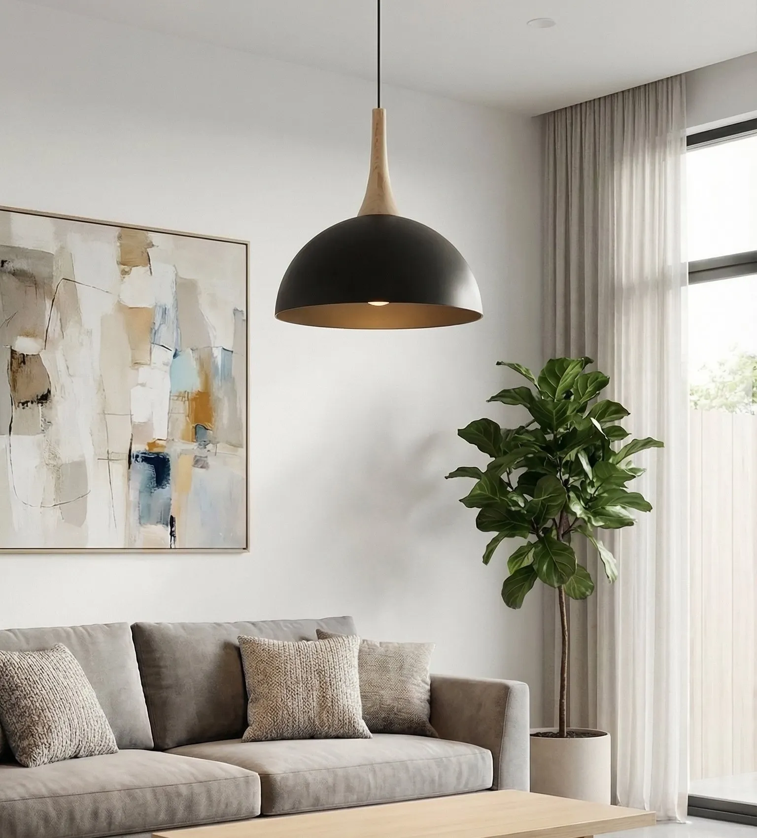 lampa wisząca, czarna lampa, salonowy wystrój, duże roślina doniczkowa, fotografia wnętrz