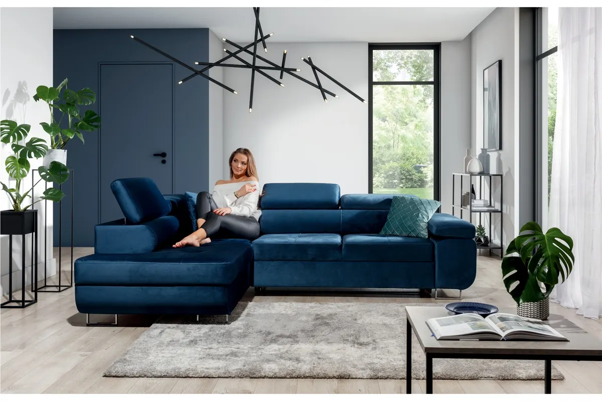 Narożnik lewostronny ANNABELLE L regulowane zagłówki srebrne nogi Monolith 77 granatowy - B_165781