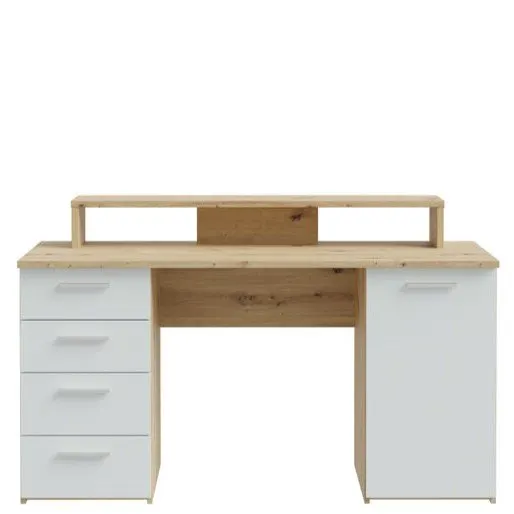 Biurko NET106 z szafką, 4 szufladami i nadstawką na komputer- biały, jasoszary - MT980-M823
