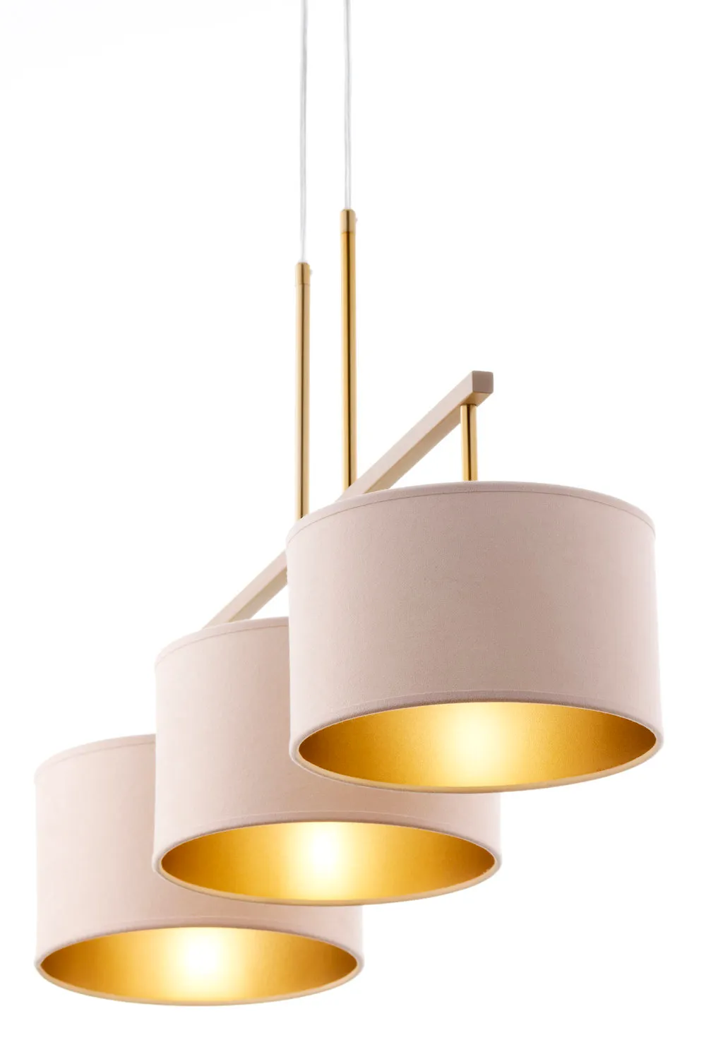 lampa wisząca, trójspaścienny abażur, złoty, pojedynczy żyrandol, metalowy montaż