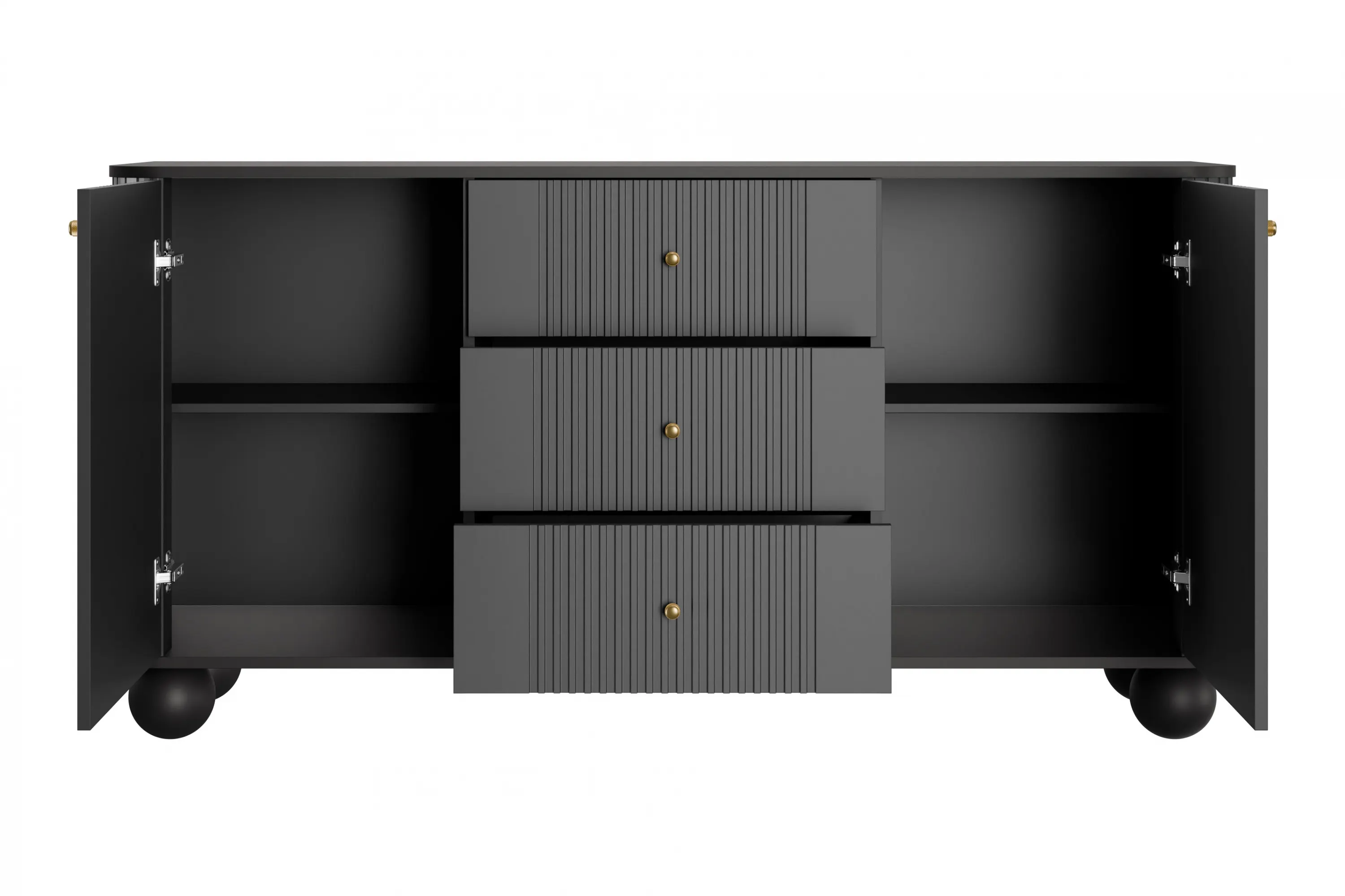 Komoda 2-drzwiowa z 3 szufladami VESPER 160 ryflowany front czarna złote uchwyty nogi kule - B_163614