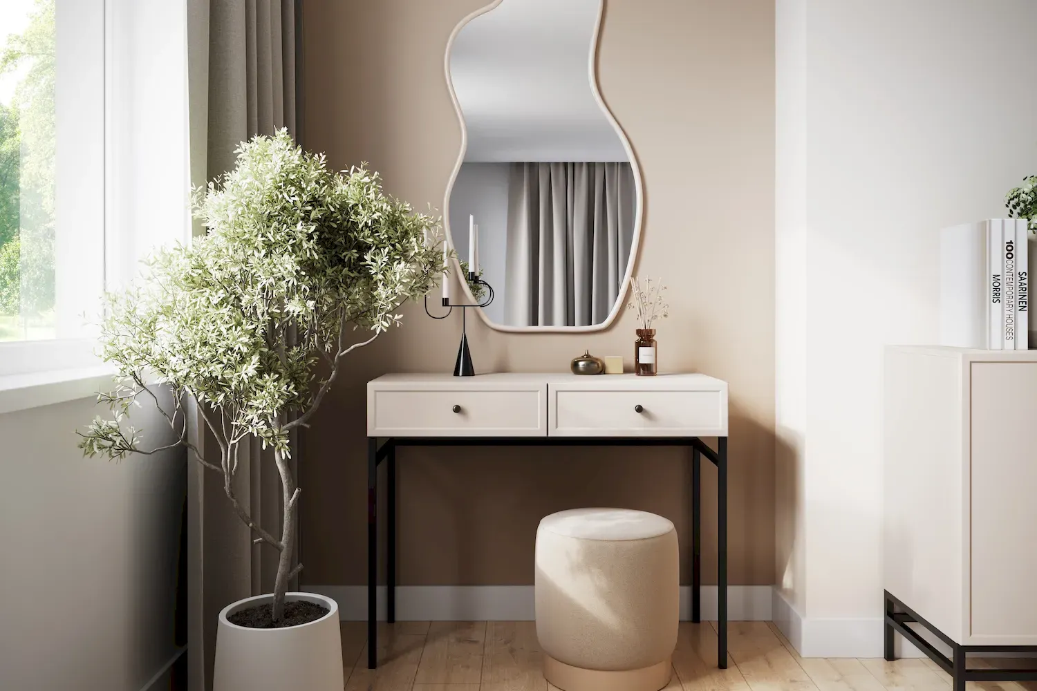 Toaletka z 2 szufladami LORINI 100 - cashmere gałka czarna stelaż czarny