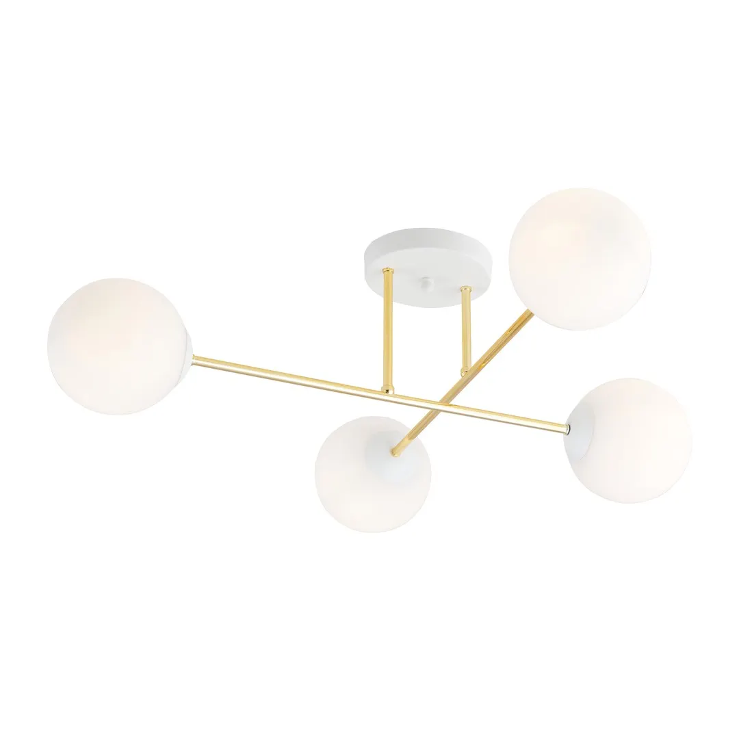 image lampa sufitowa, globusowy projektor, metalowa lampa, złota konstrukcja, białe kule