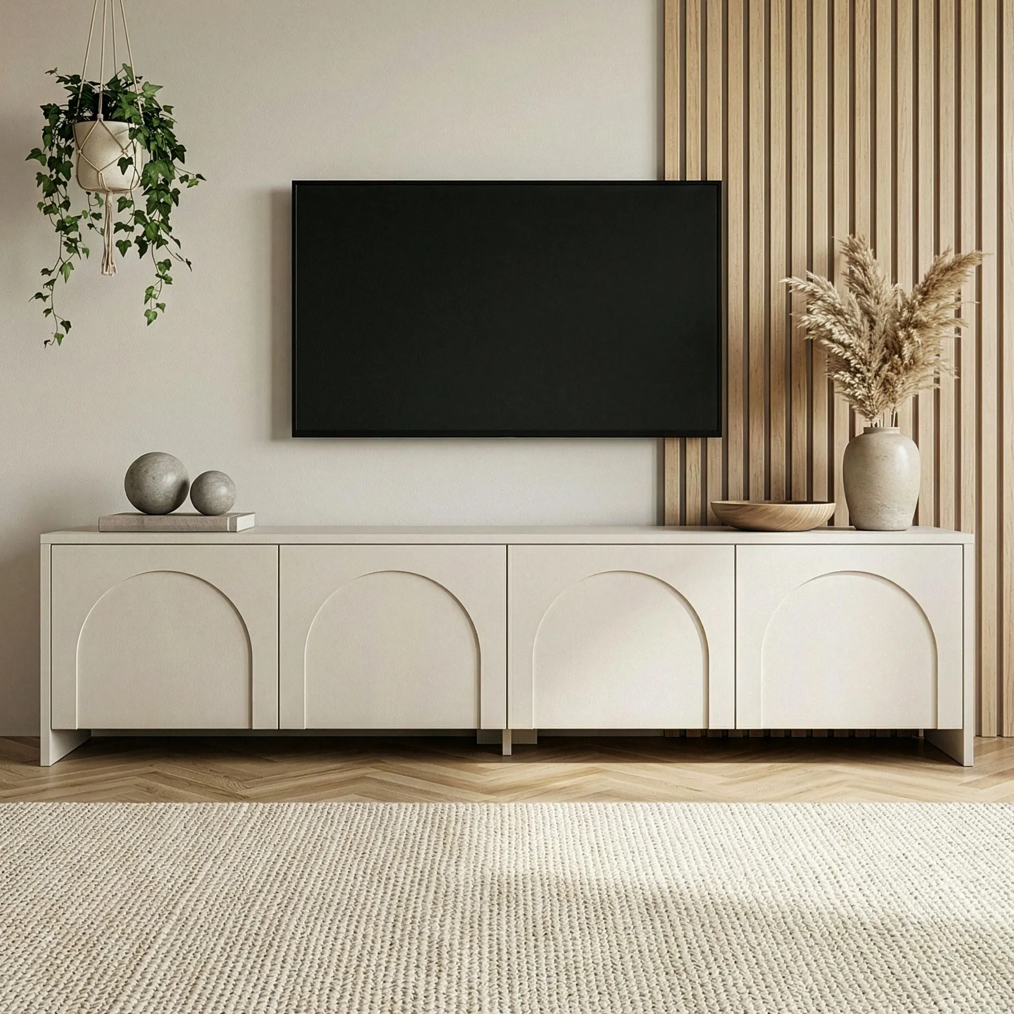 image szafka RTV, mebel dolny, konsola z szafkami, postarzany design, telewizor na ścianie