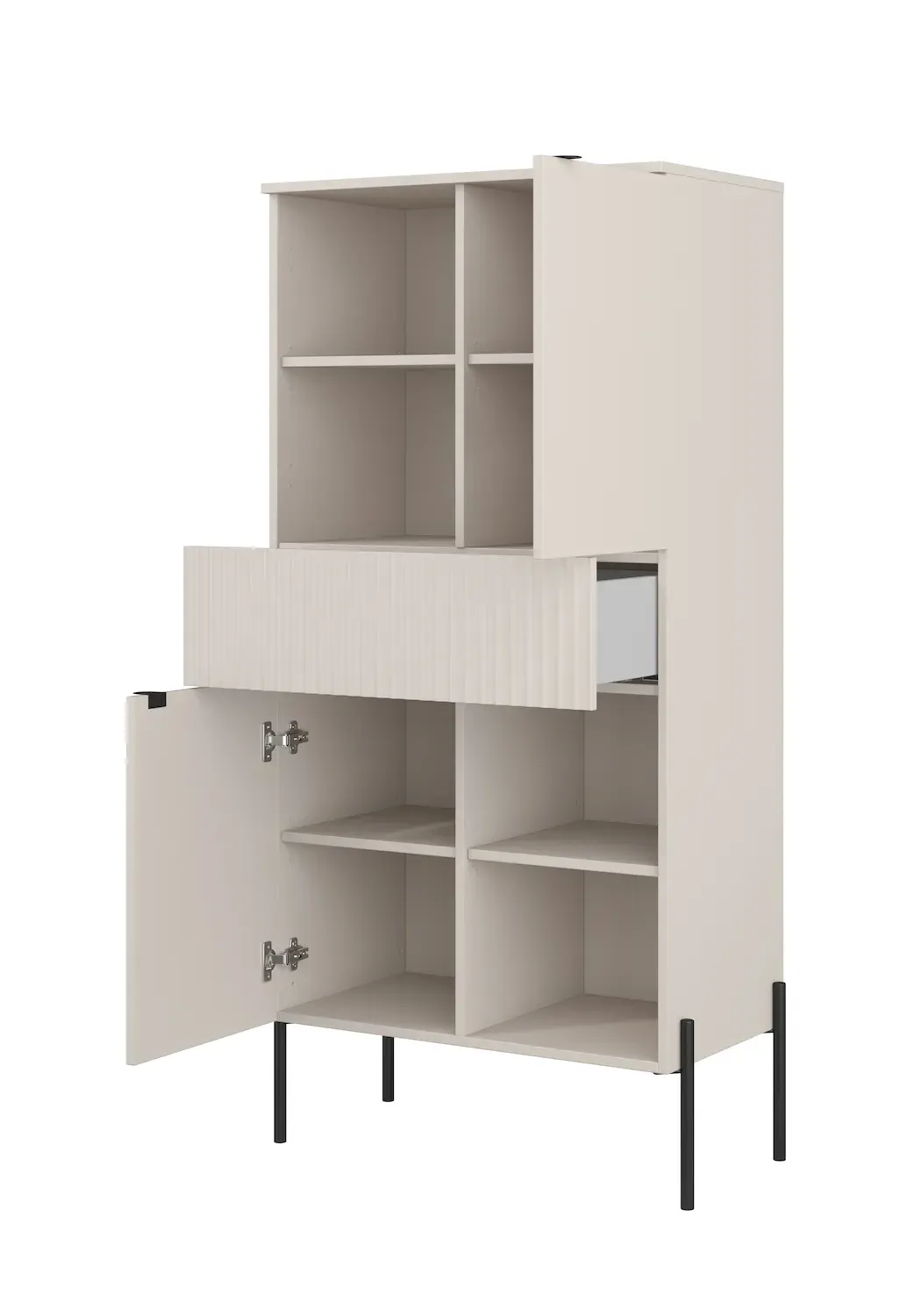 Komoda wysoka 2-drzwiowa z szufladą ORE kaszmir ryflowany front czarne nóżki - 24KROG42