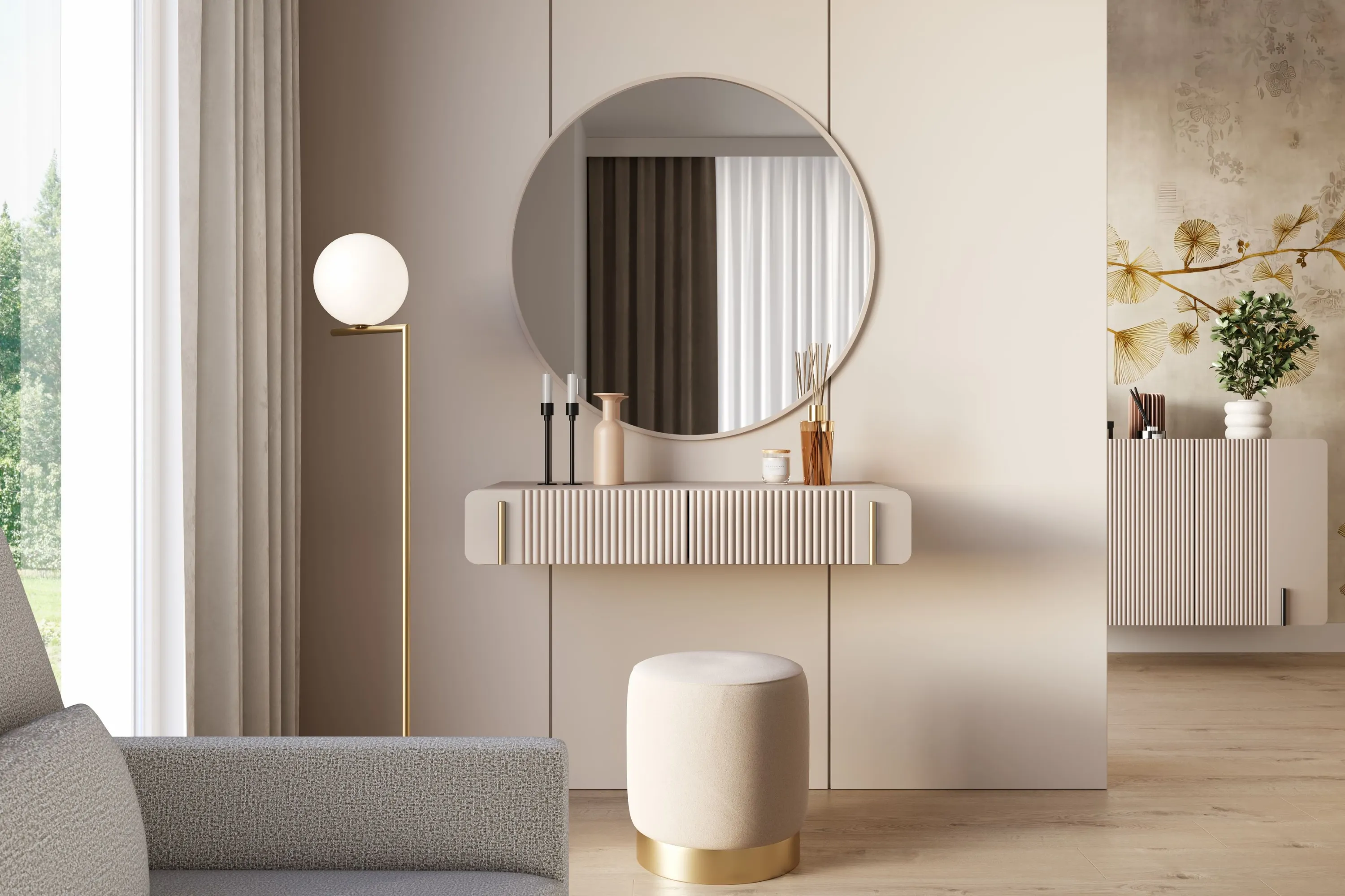 Toaletka wisząca z 2 szufladami MALMI ryflowany front 100cm - kaszmirowy - złoty - B_167010