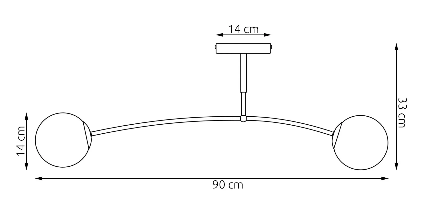 lamp, światło sufitowe, projekt dwusferowy, dwupunktowy, wymiary 90 cm