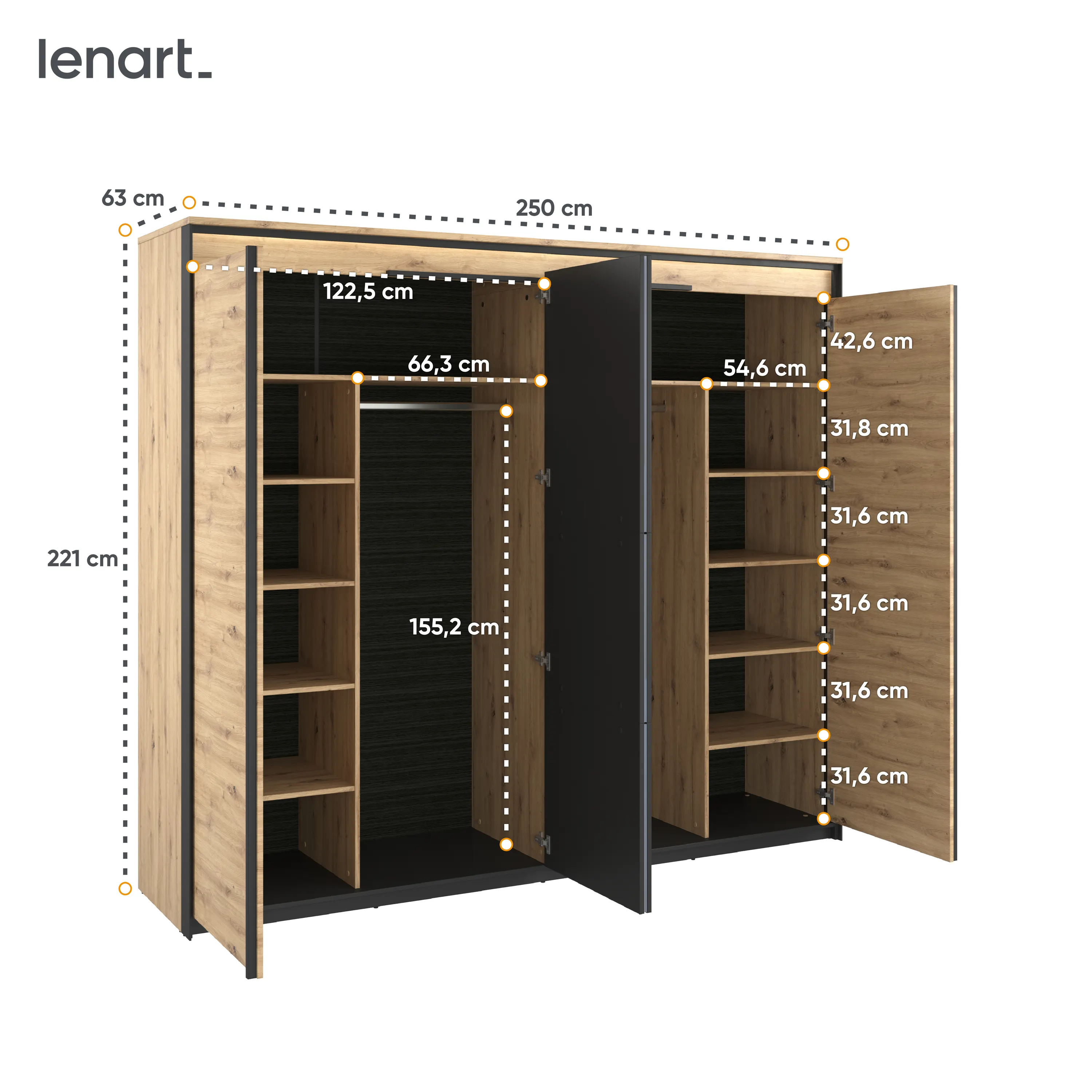 Szafa 4-drzwiowa z lustrem LED Quant QS-05 250cm dąb artisan/czarny - QS5DAC