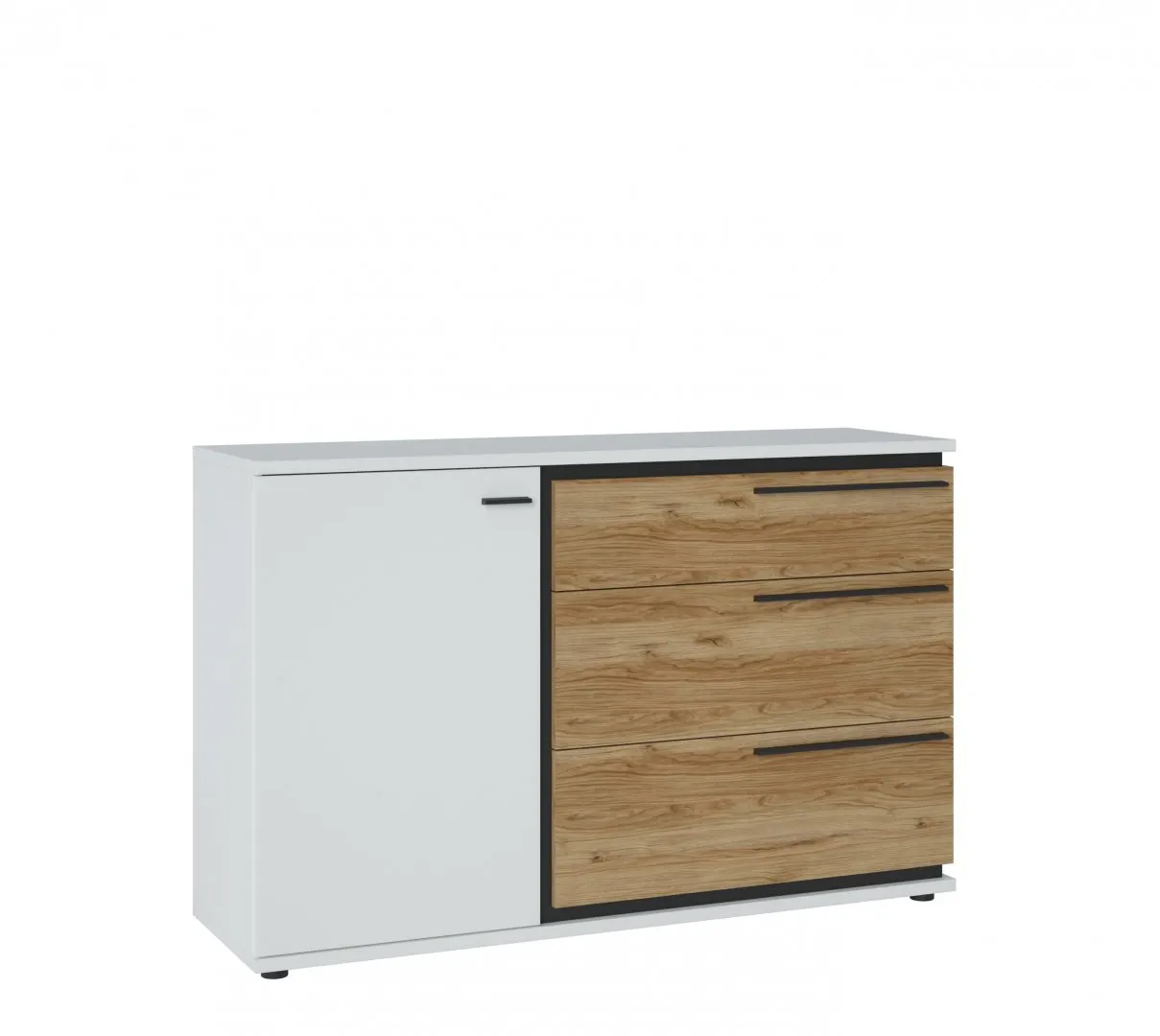 Komoda 1-drzwiowa z 3 szufladami SALINAS SAIK01 Biała, Dąb Catania, Czarny mat Komoda 1-drzwiowa z 3 szufladami SALINAS SAIK01 Biała, Dąb Catania, Czarny mat