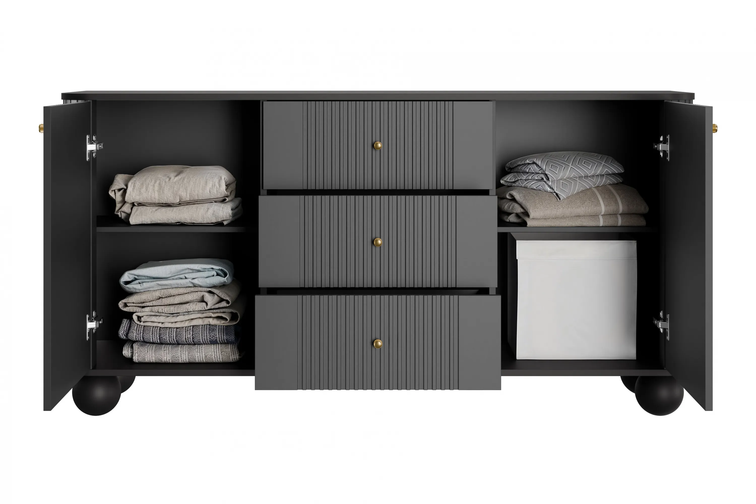 Komoda 2-drzwiowa z 3 szufladami VESPER 160 ryflowany front czarna złote uchwyty nogi kule - B_163614