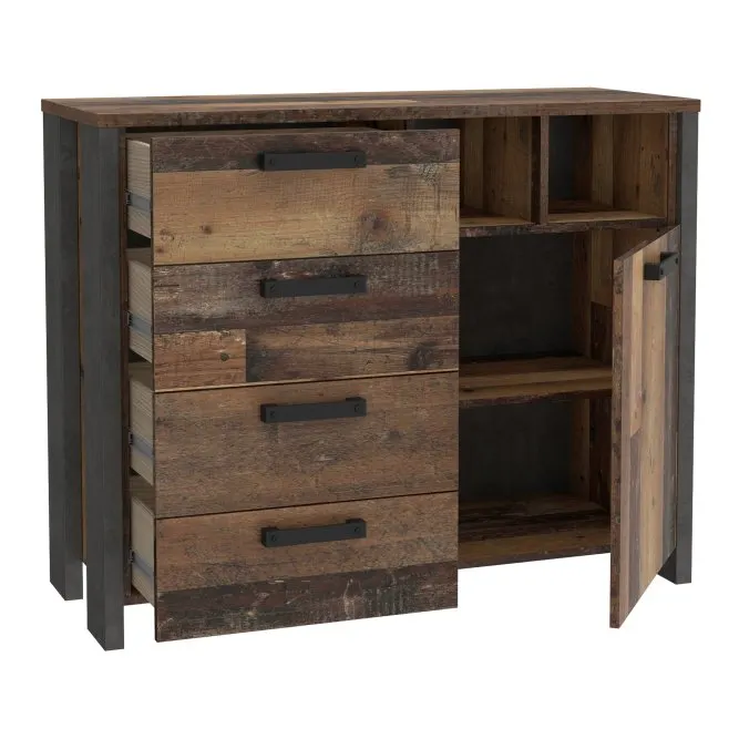 Komoda CLIF 1-drzwiowa z 4 szufladami i wnękami - old wood vintage, beton - CLFK221-C546